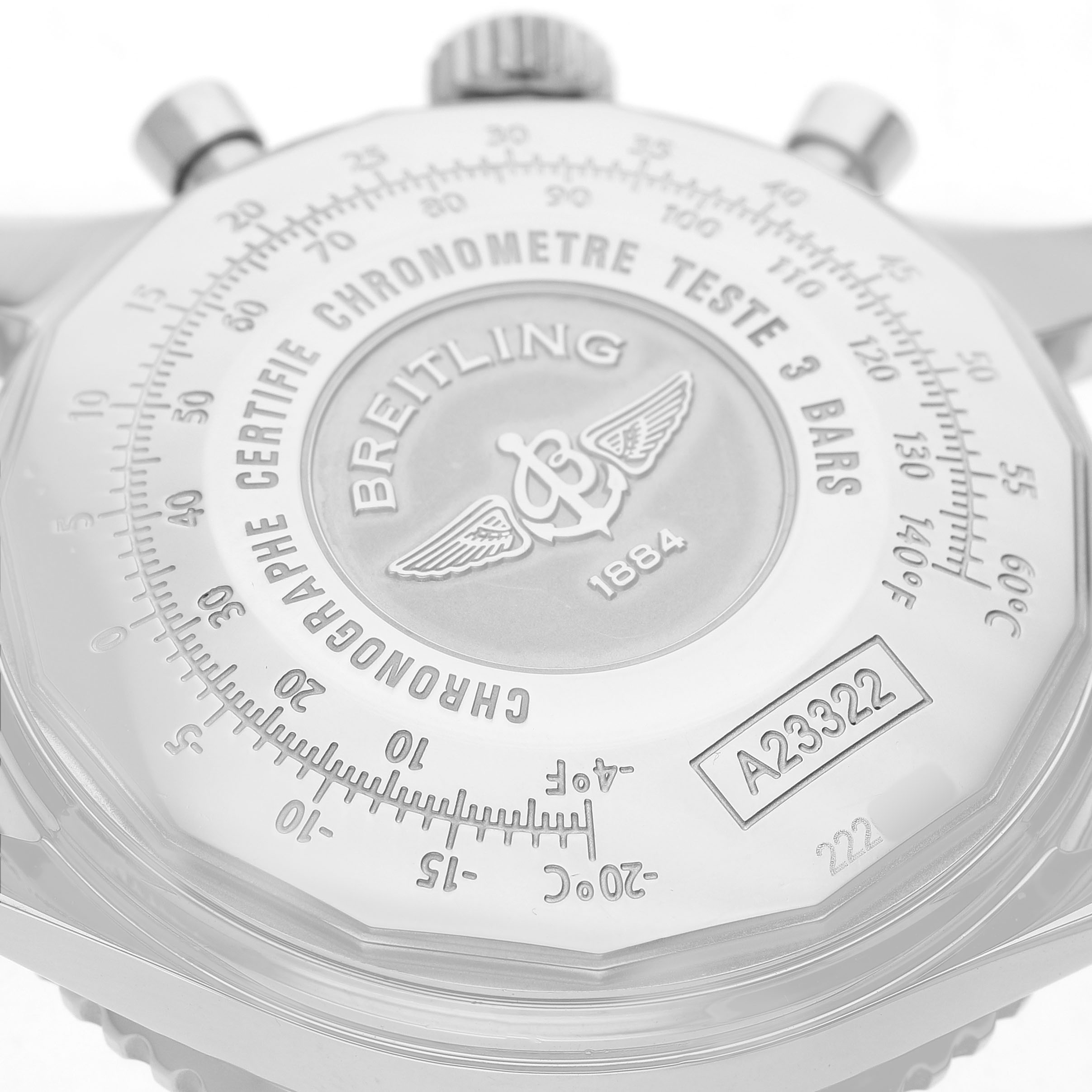 The image shows the back case of the Breitling Navitimer A23322 Men's Stainless Steel Silver Dial watch with detailed engravings and model information.