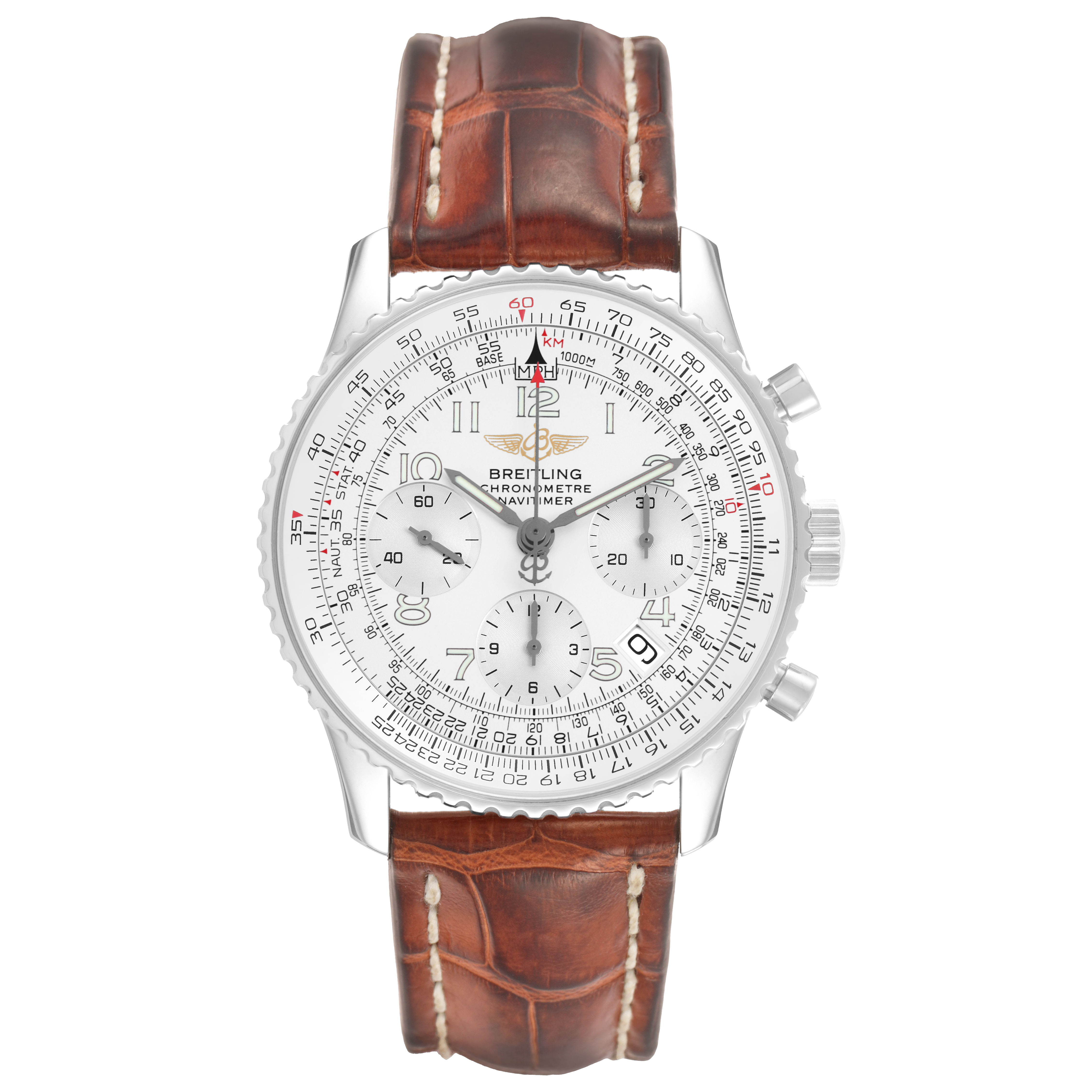 The Breitling Navitimer A23322 Men's Stainless Steel Silver Dial is shown from a front angle, highlighting the dial, bezel, and brown leather strap.