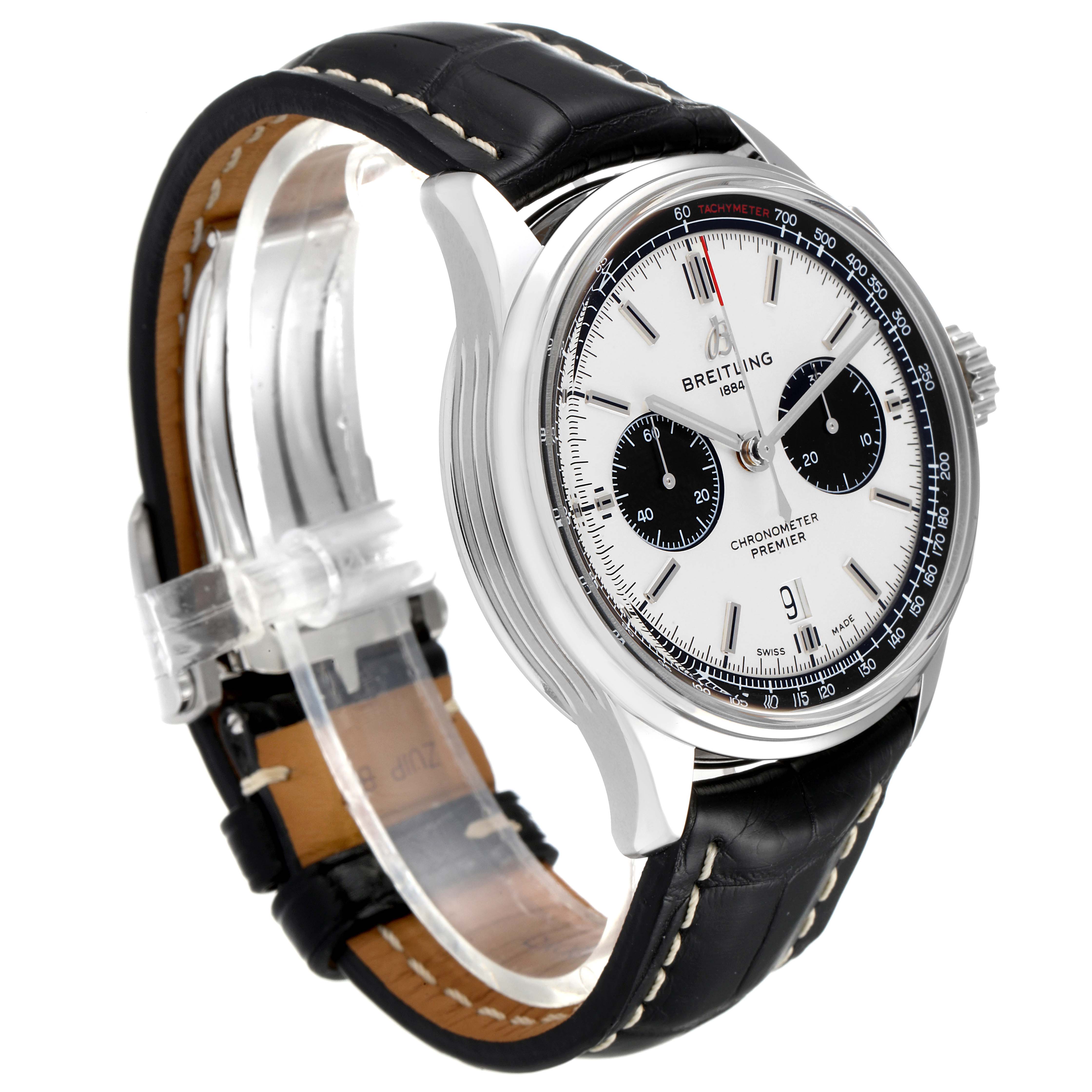 The Breitling Premier AB011822/G843-1018PT Men's Stainless Steel Silver Dial AB011822/G843-1018PT Men's Stainless Steel Silver Dial model watch is shown at a slight side angle, displaying its face, crown, and leather strap.