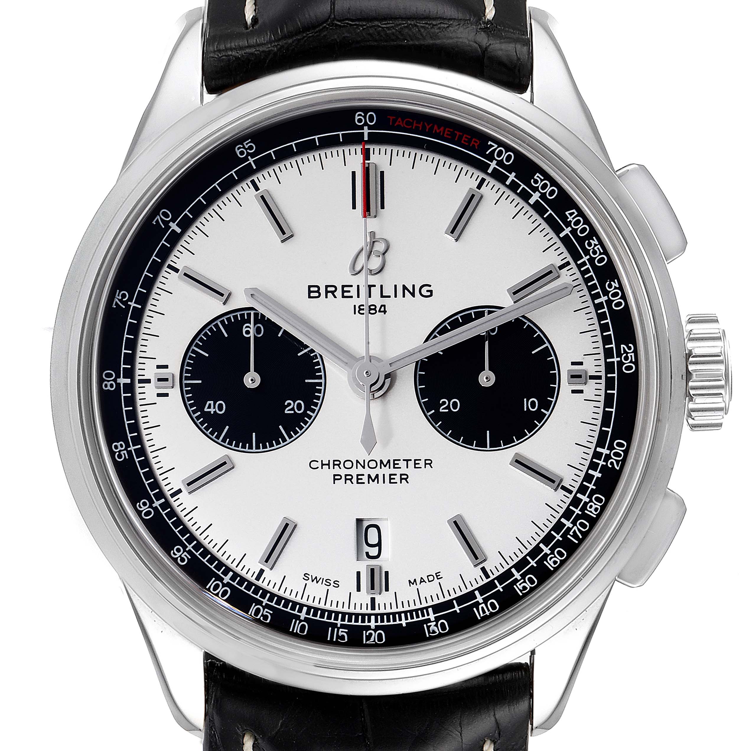 The image shows a front view of the Breitling Premier AB011822/G843-1018PT Men's Stainless Steel Silver Dial AB011822/G843-1018PT Men's Stainless Steel Silver Dial model watch, highlighting its dial, subdials, date display, and tachymeter.