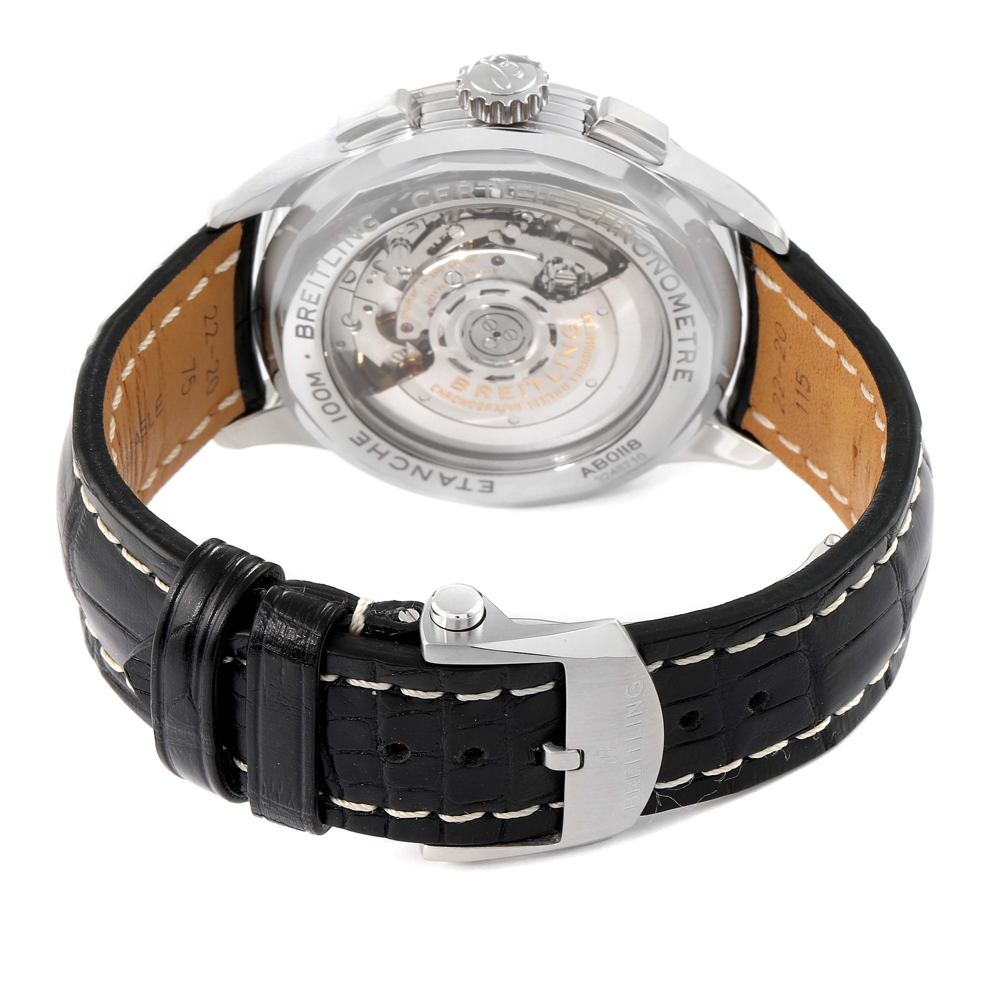 This image shows the back view of the Breitling Premier AB011822/G843-1018PT Men's Stainless Steel Silver Dial AB011822/G843-1018PT Men's Stainless Steel Silver Dial watch, highlighting its transparent case back and black leather strap.