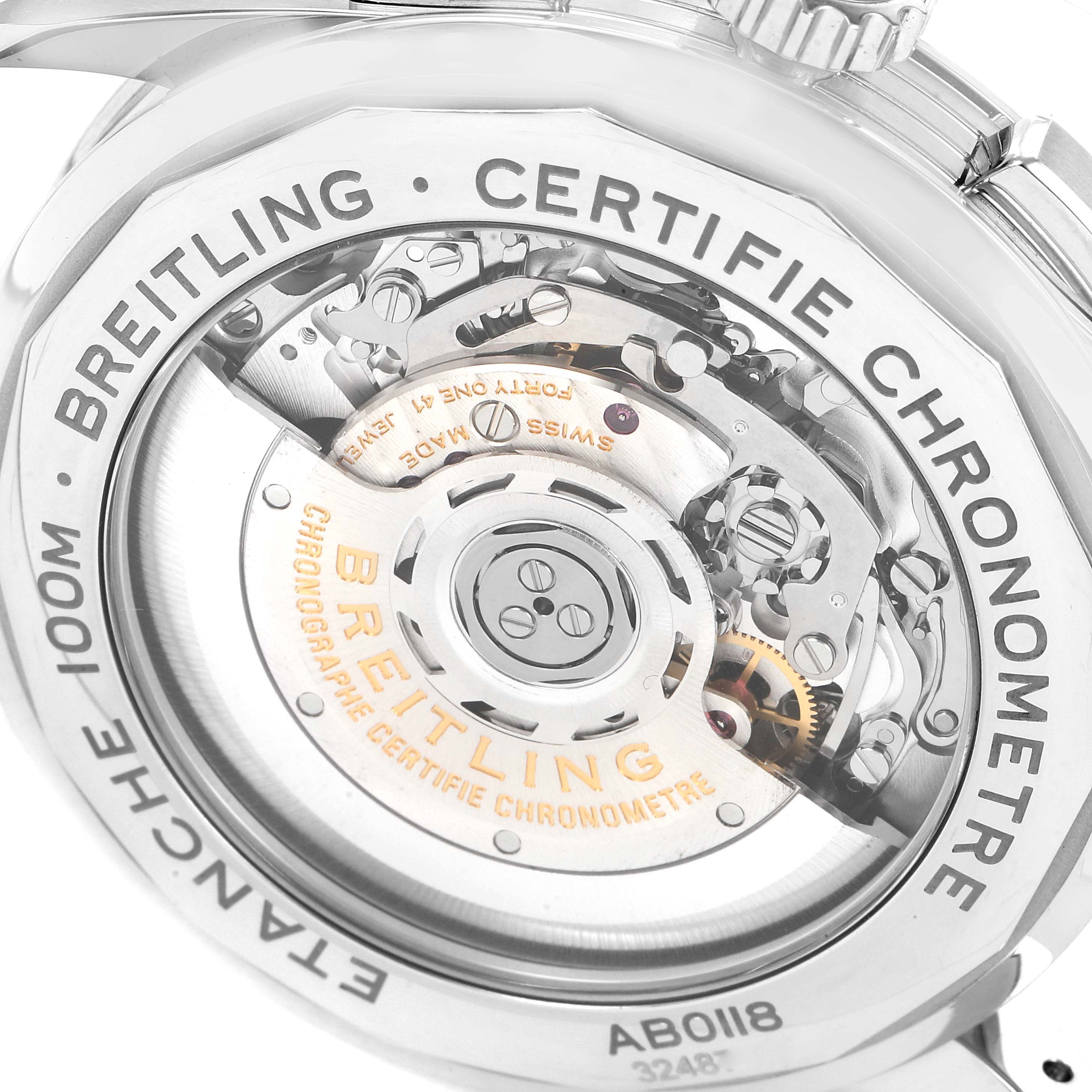 This image shows the back case of the Breitling Premier AB011822/G843-1018PT Men's Stainless Steel Silver Dial AB011822/G843-1018PT Men's Stainless Steel Silver Dial model, highlighting its internal mechanical movement.