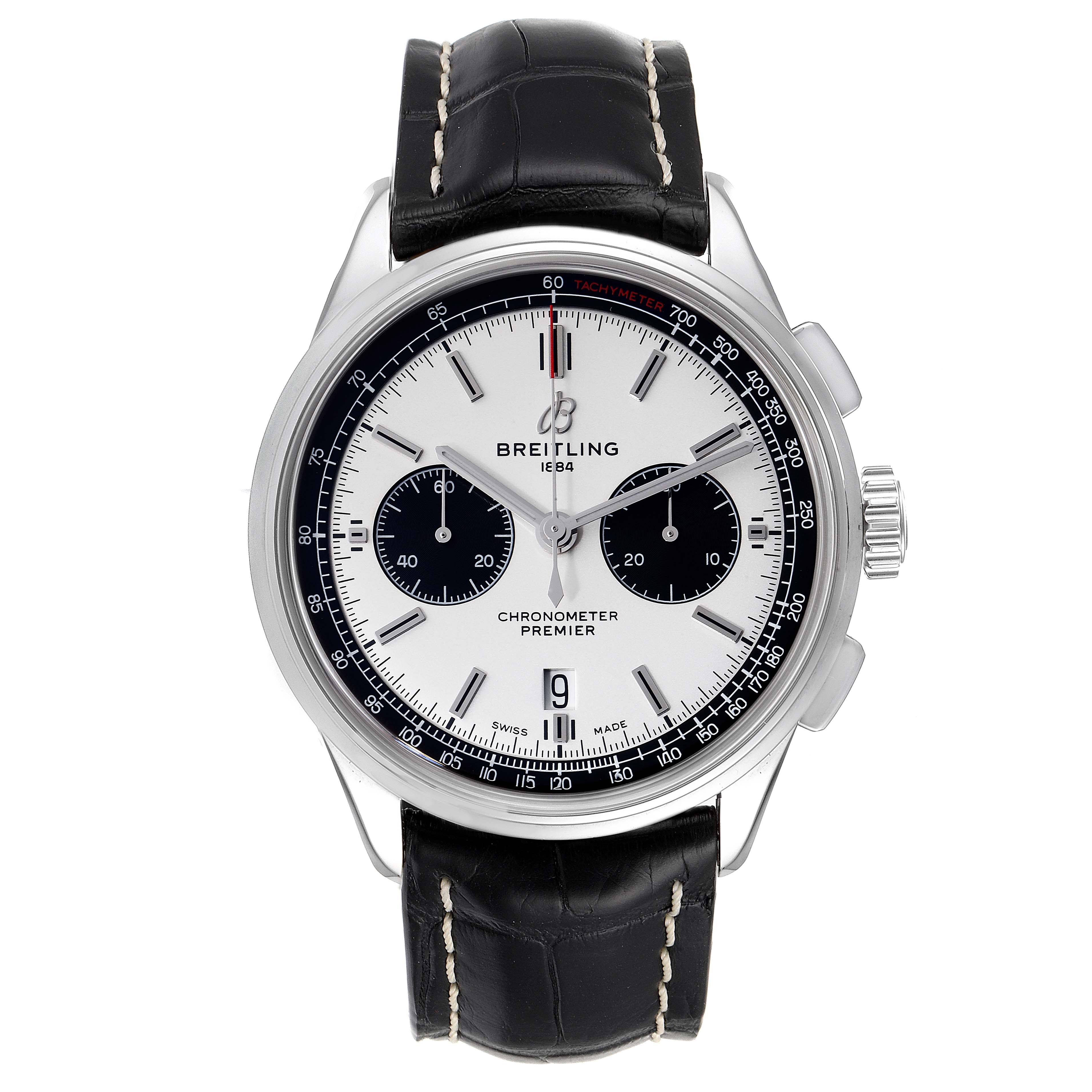 The image shows a frontal view of a Breitling Premier AB011822/G843-1018PT Men's Stainless Steel Silver Dial AB011822/G843-1018PT Men's Stainless Steel Silver Dial Chronometer watch with a black leather strap.