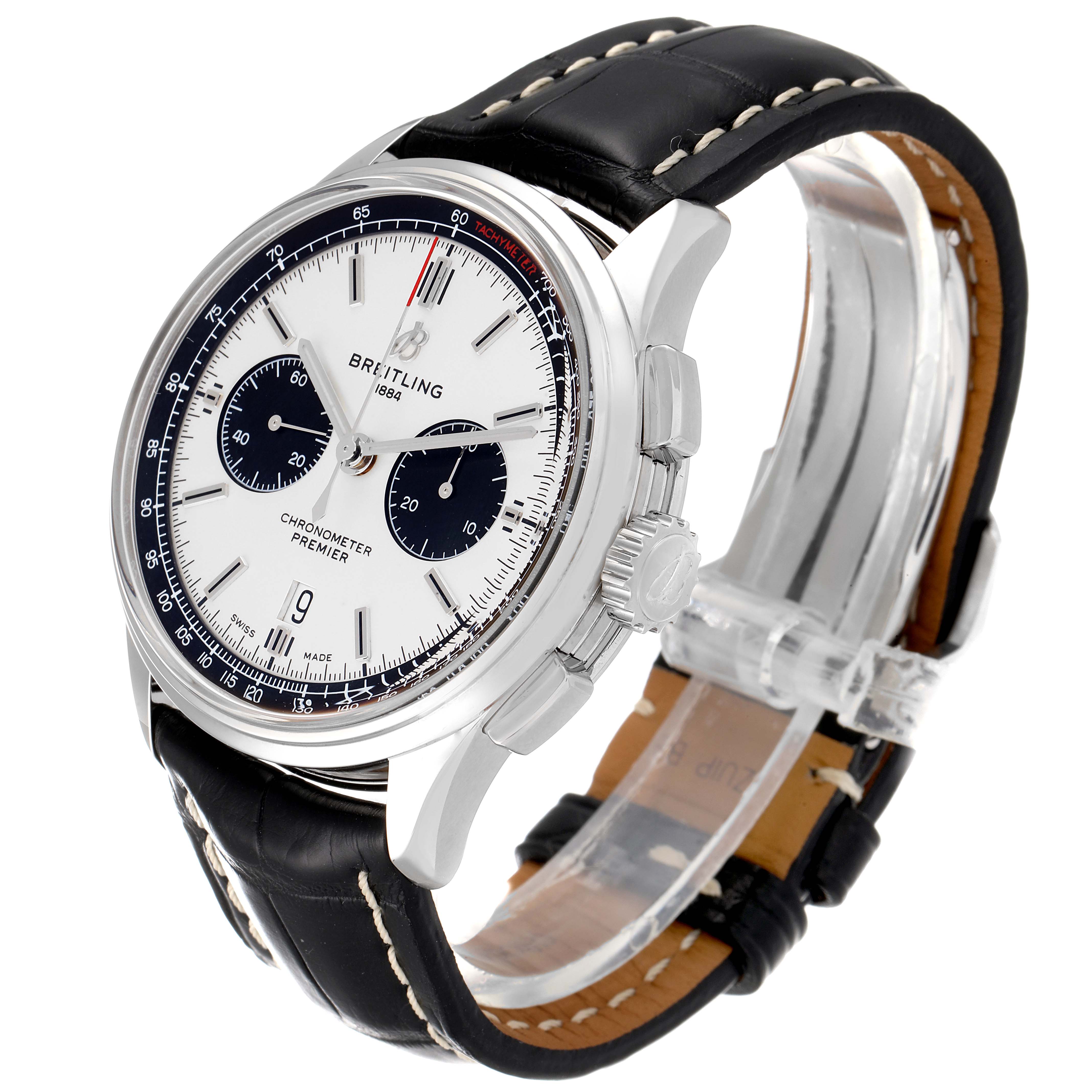 The angle showcases the Breitling Premier AB011822/G843-1018PT Men's Stainless Steel Silver Dial AB011822/G843-1018PT Men's Stainless Steel Silver Dial watch's face, side profile, and black leather strap.