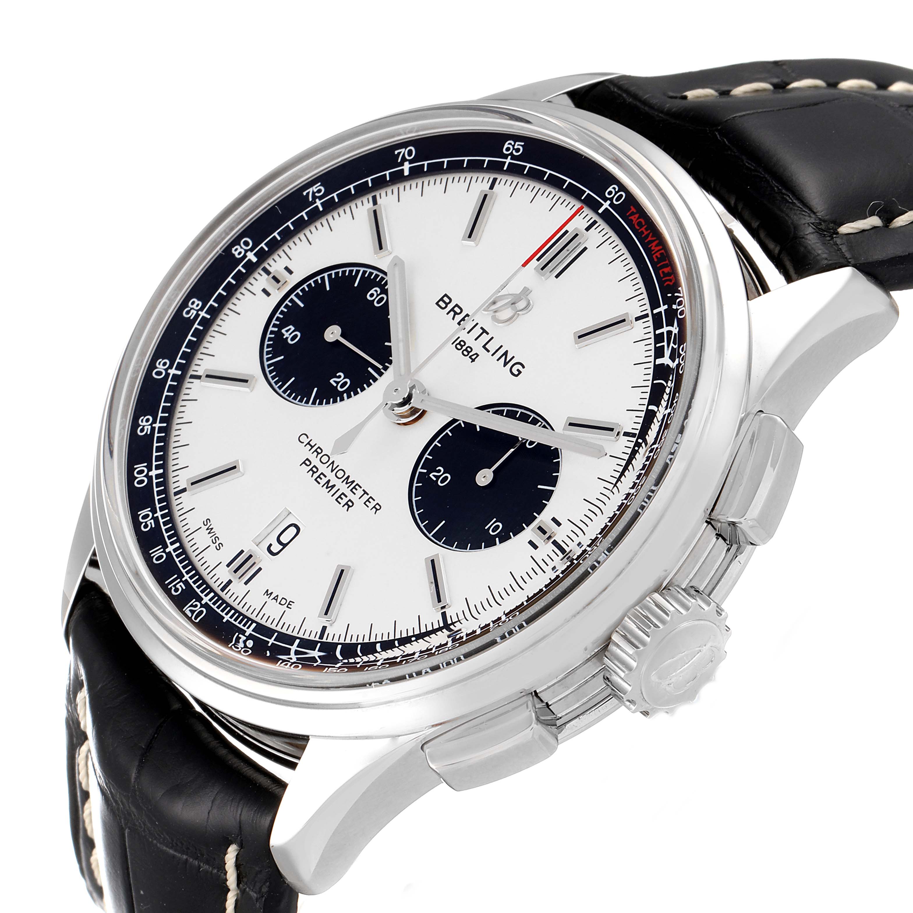 The image shows a Breitling Premier AB011822/G843-1018PT Men's Stainless Steel Silver Dial AB011822/G843-1018PT Men's Stainless Steel Silver Dial model watch at an angled view, highlighting the face, chronograph dials, crown, and leather strap.