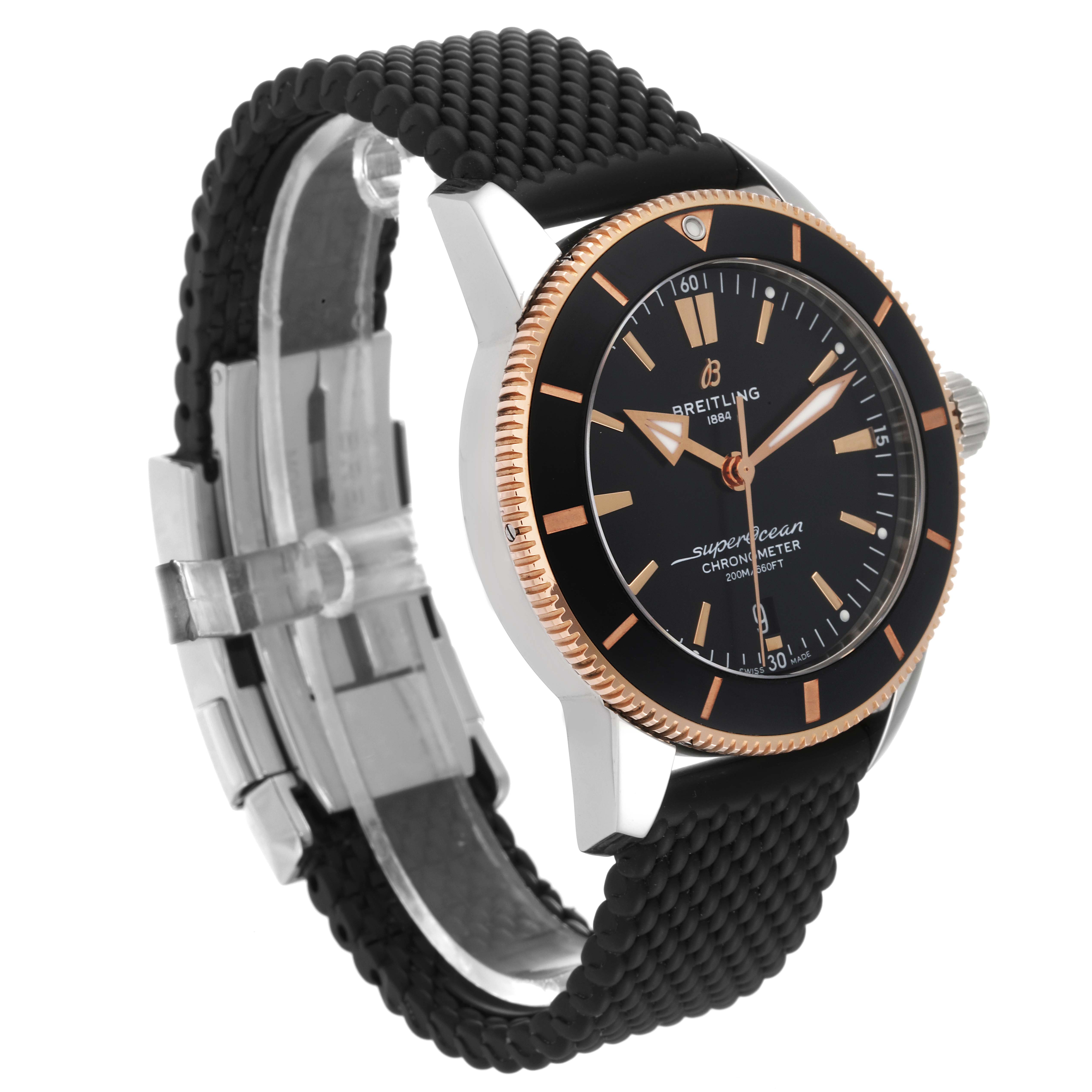 The image shows a side angle of the Breitling Superocean UB2030121B1A1 Men's Steel and Gold (two tone) Black Dial UB2030121B1A1 Men's Steel and Gold (two tone) Black Dial watch, displaying the dial, bezel, case, and strap.