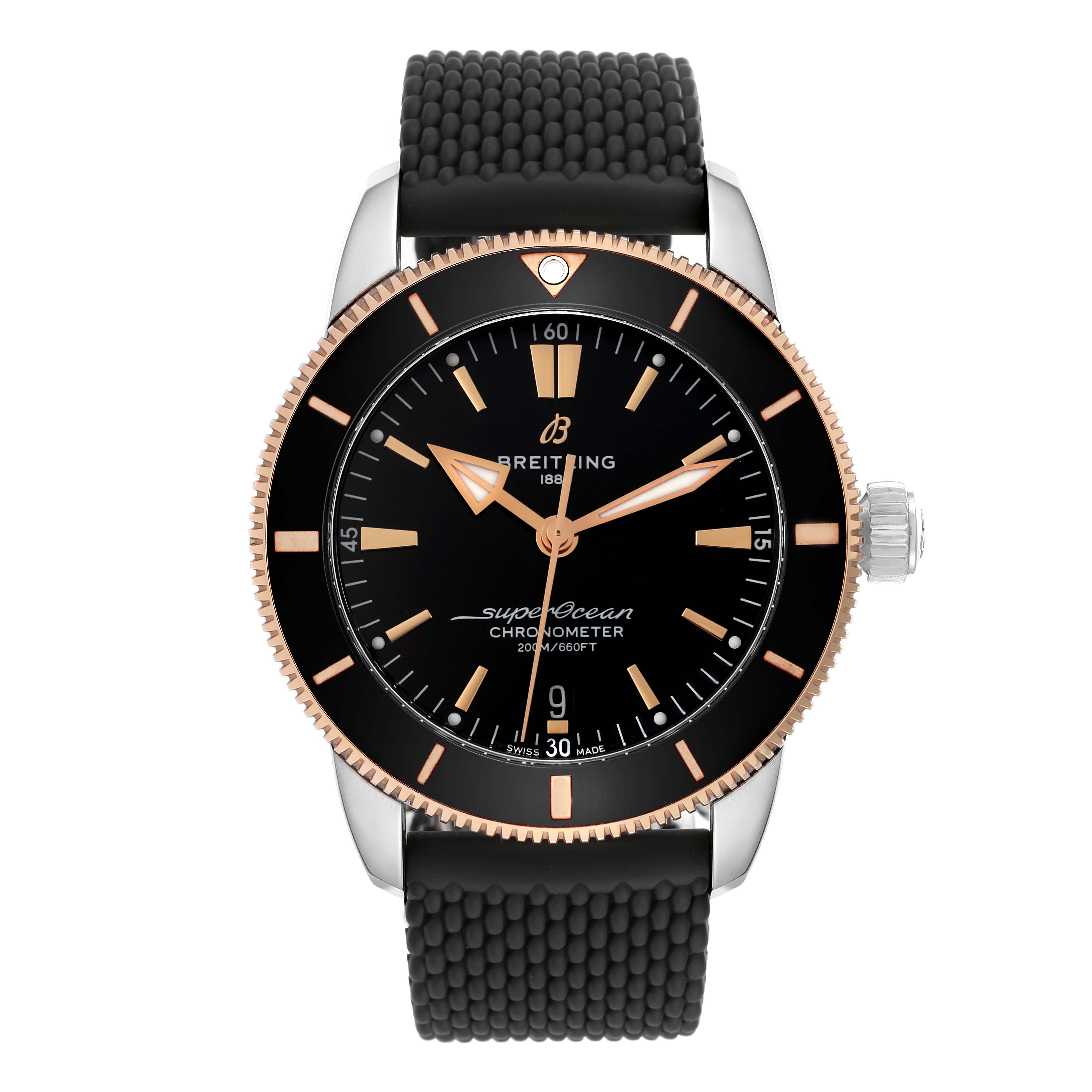 This image shows a front view of the Breitling Superocean UB2030121B1A1 Men's Steel and Gold (two tone) Black Dial UB2030121B1A1 Men's Steel and Gold (two tone) Black Dial watch with a black dial and rubber strap.