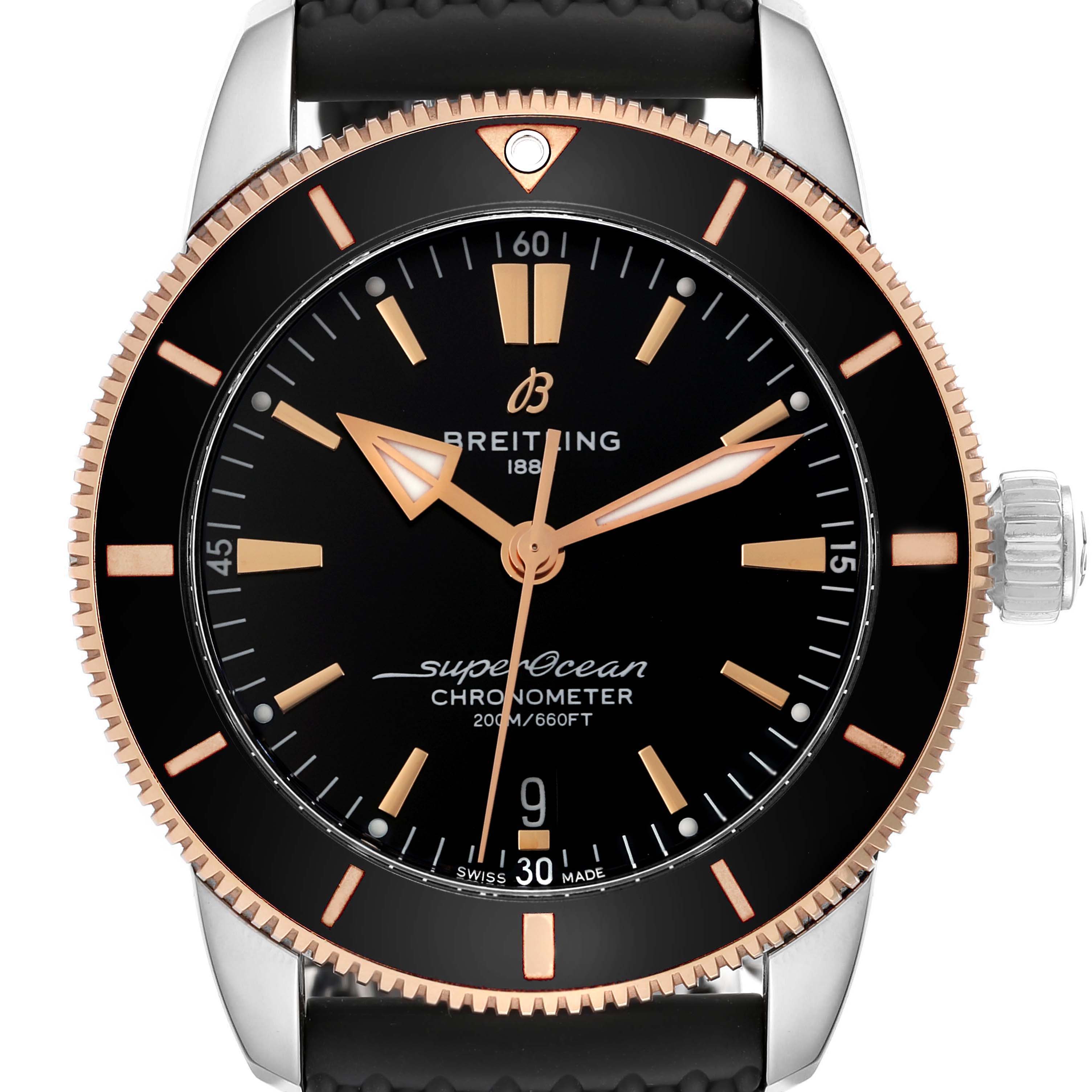 The image shows a front view of the Breitling Superocean UB2030121B1A1 Men's Steel and Gold (two tone) Black Dial UB2030121B1A1 Men's Steel and Gold (two tone) Black Dial watch, featuring the dial, bezel, and crown.