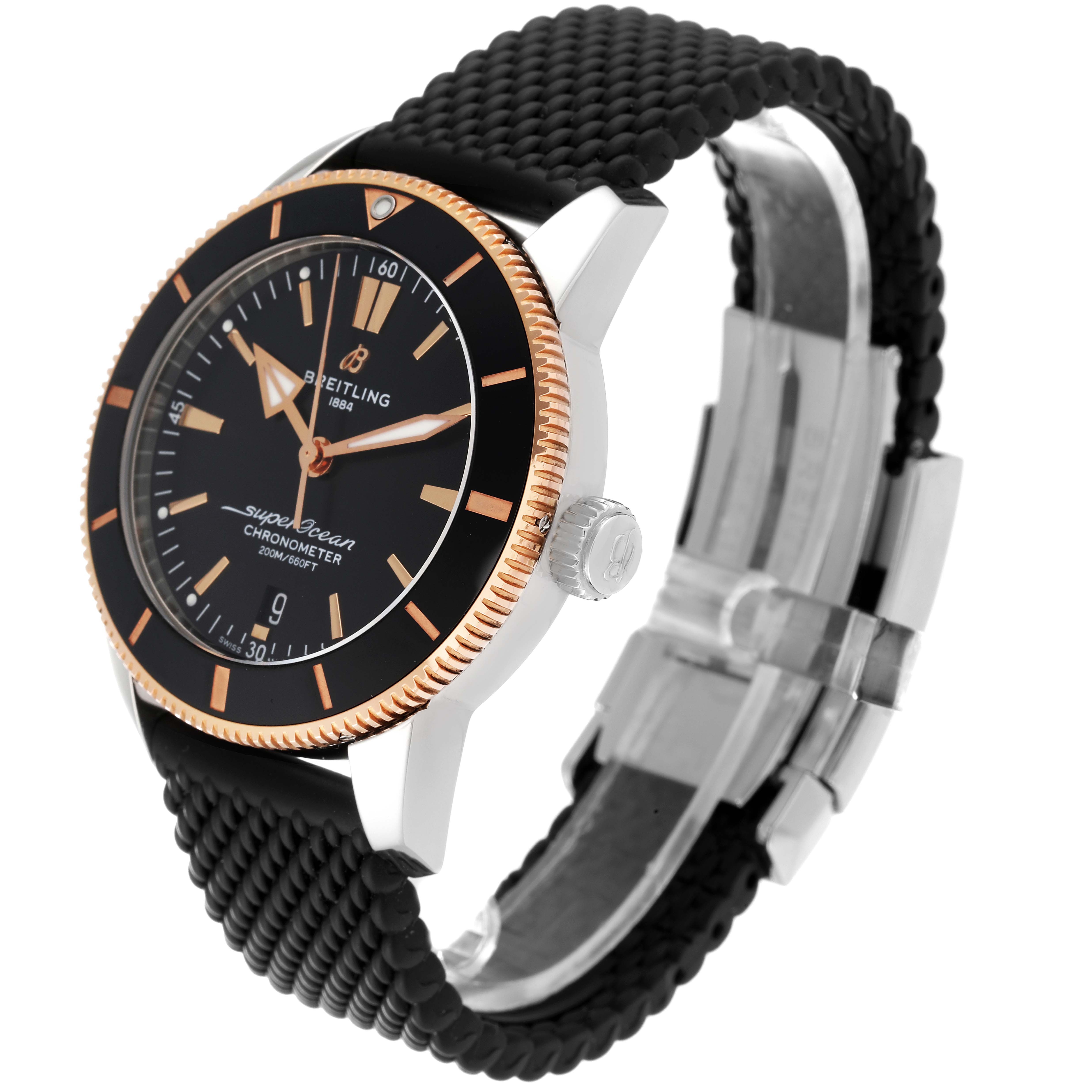 The Breitling Superocean UB2030121B1A1 Men's Steel and Gold (two tone) Black Dial UB2030121B1A1 Men's Steel and Gold (two tone) Black Dial watch is shown from a three-quarter angle, highlighting its face, bezel, and strap.