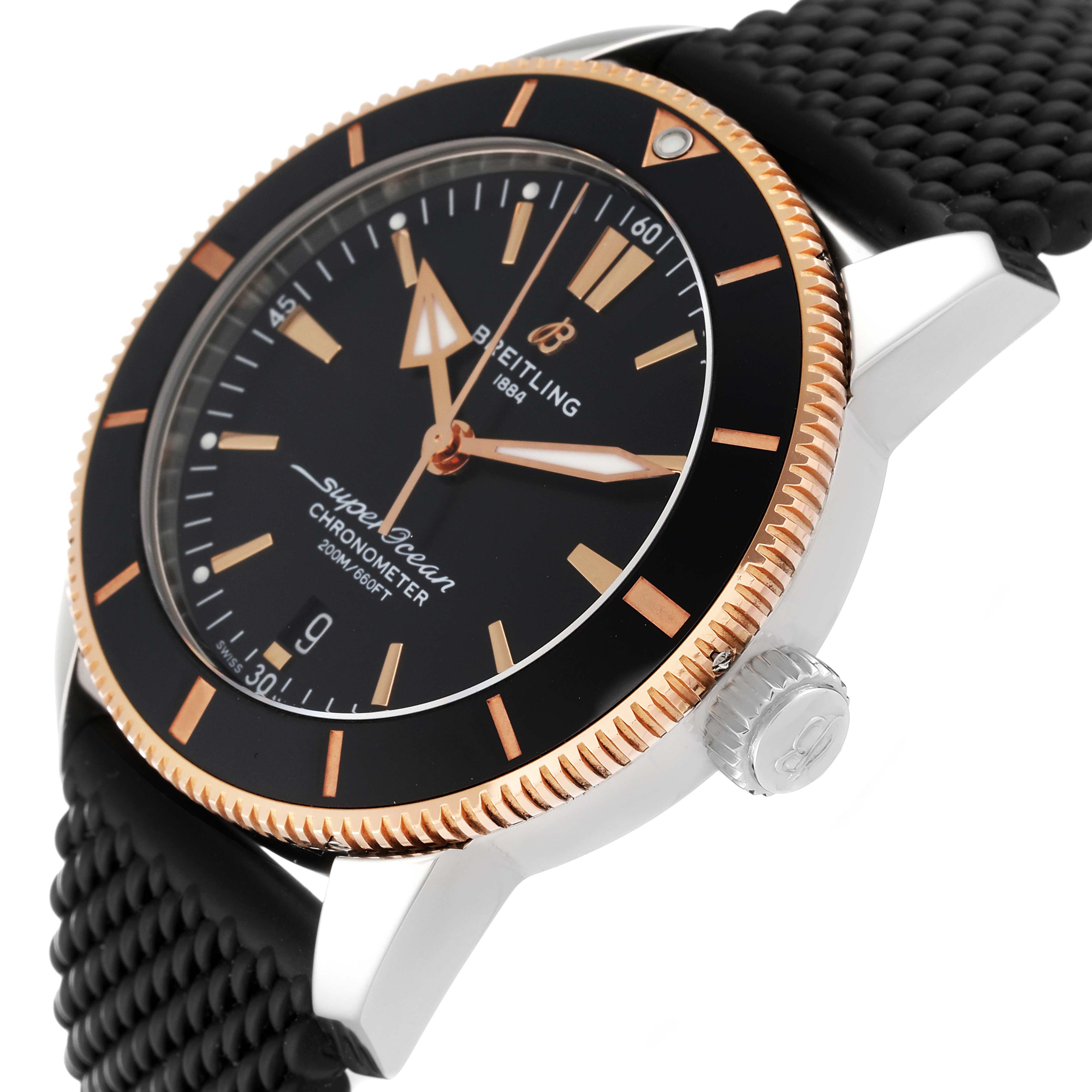 The image shows a side view of the Breitling Superocean UB2030121B1A1 Men's Steel and Gold (two tone) Black Dial UB2030121B1A1 Men's Steel and Gold (two tone) Black Dial watch, highlighting the bezel, dial, crown, and black strap.