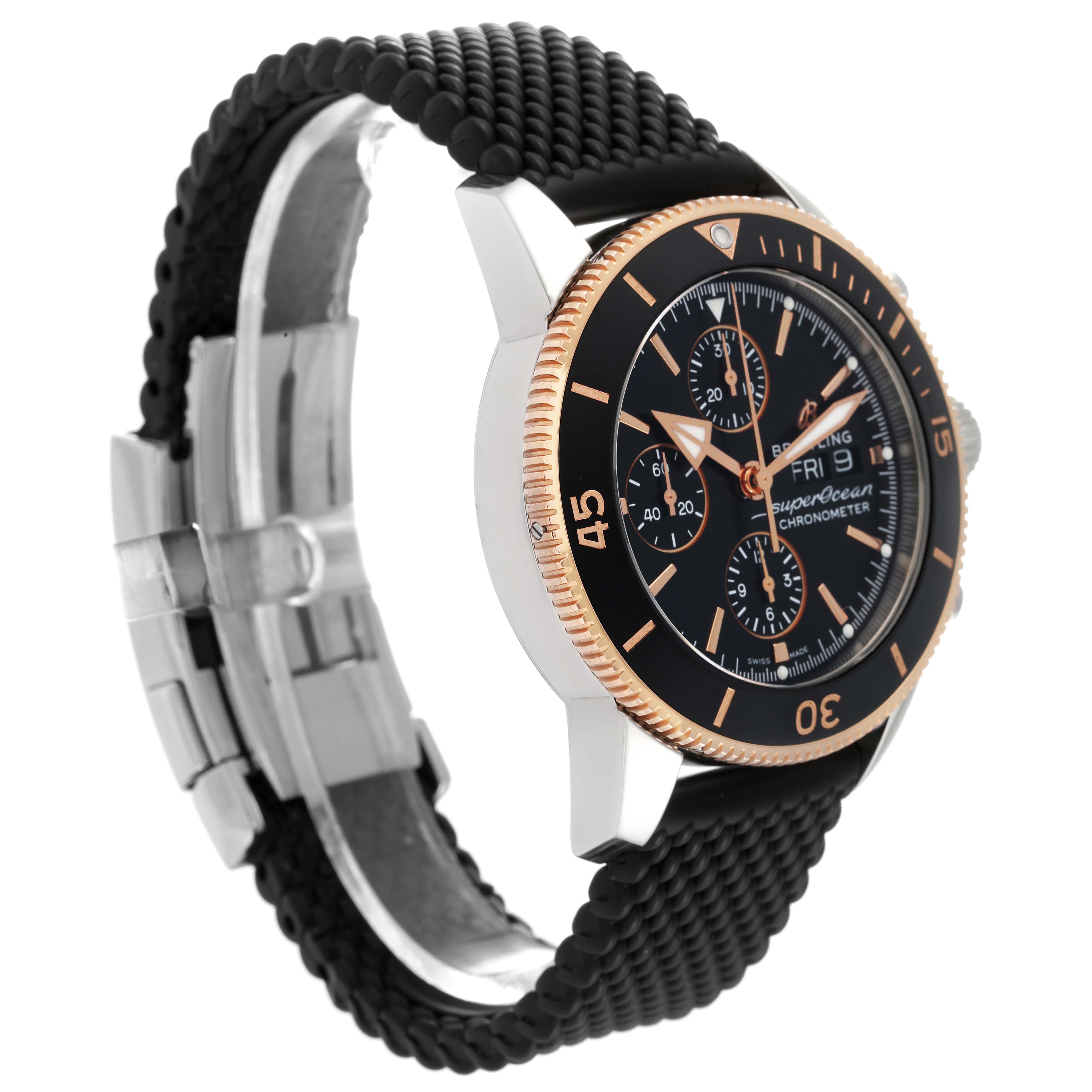 The image shows a side and partial front view of a Breitling Superocean U1331312/BG50/279S/A20D.4 Men's Steel and Gold (two tone) Black Dial U1331312/BG50/279S/A20D.4 Men's Steel and Gold (two tone) Black Dial watch, highlighting its bezel, face, and bracelet.