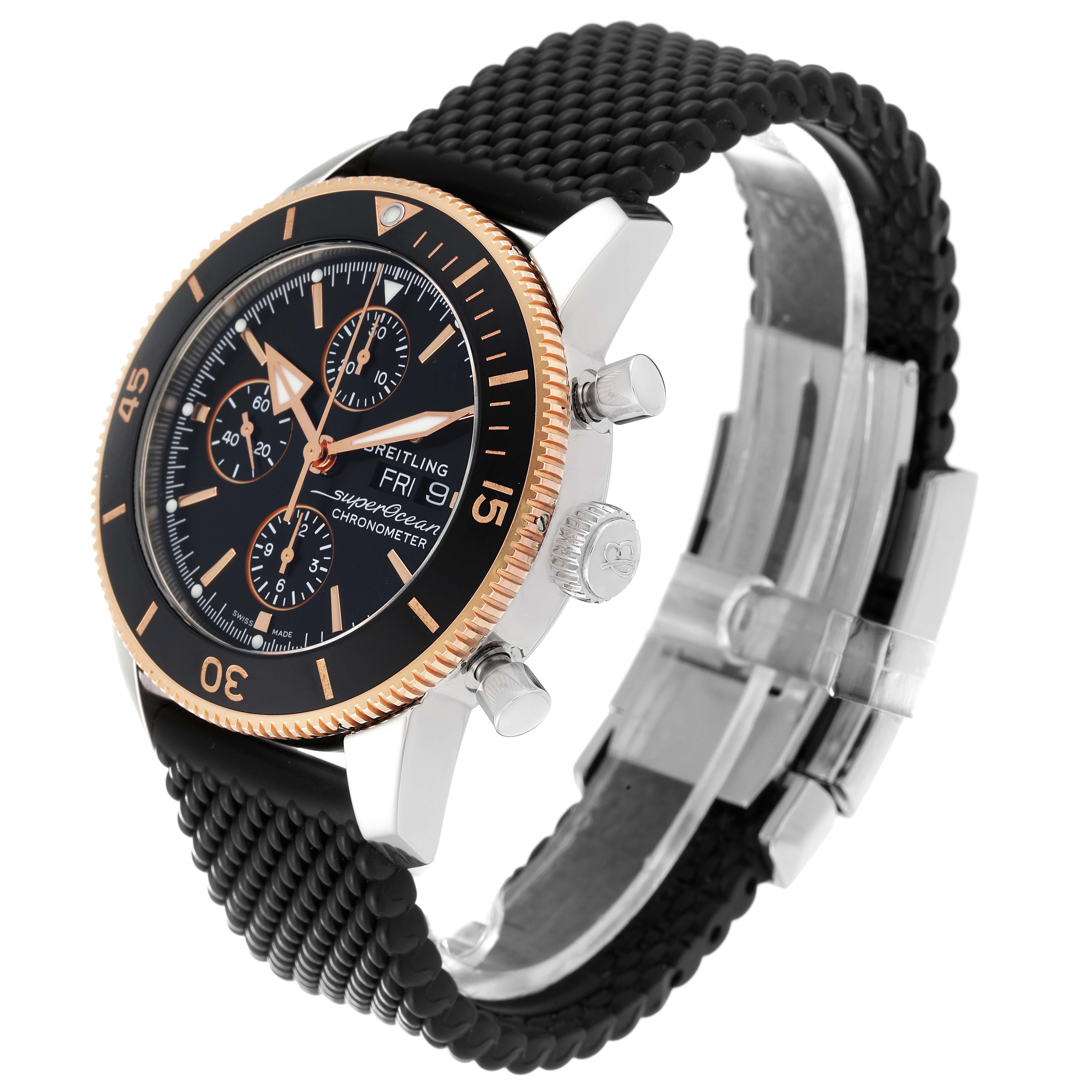 This image shows a side view of a Breitling Superocean U1331312/BG50/279S/A20D.4 Men's Steel and Gold (two tone) Black Dial U1331312/BG50/279S/A20D.4 Men's Steel and Gold (two tone) Black Dial watch, highlighting its face, bezel, crown, pushers, and strap.