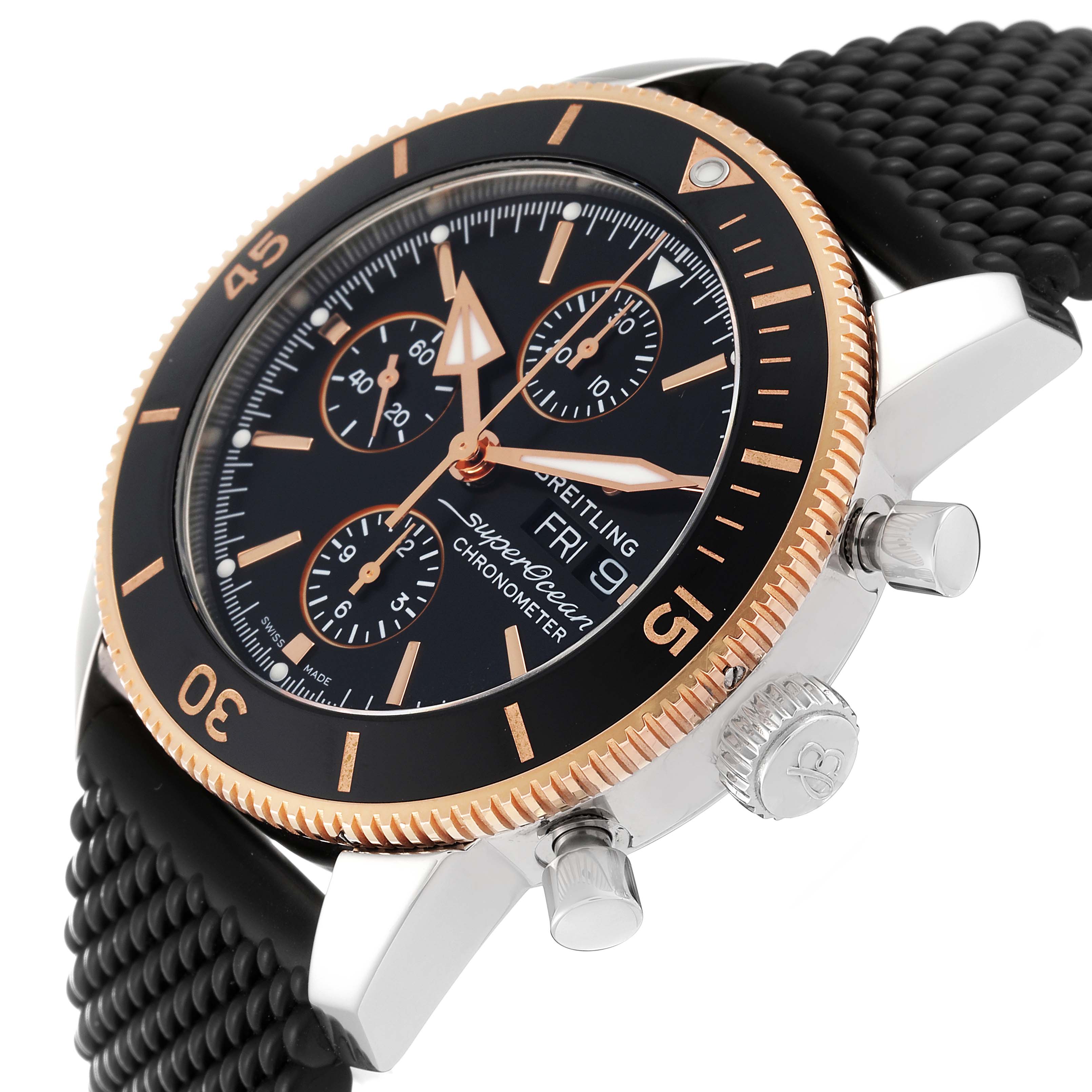 The Breitling Superocean U1331312/BG50/279S/A20D.4 Men's Steel and Gold (two tone) Black Dial U1331312/BG50/279S/A20D.4 Men's Steel and Gold (two tone) Black Dial watch is shown at an oblique angle highlighting the bezel, crown, pushers, and chronograph subdials.