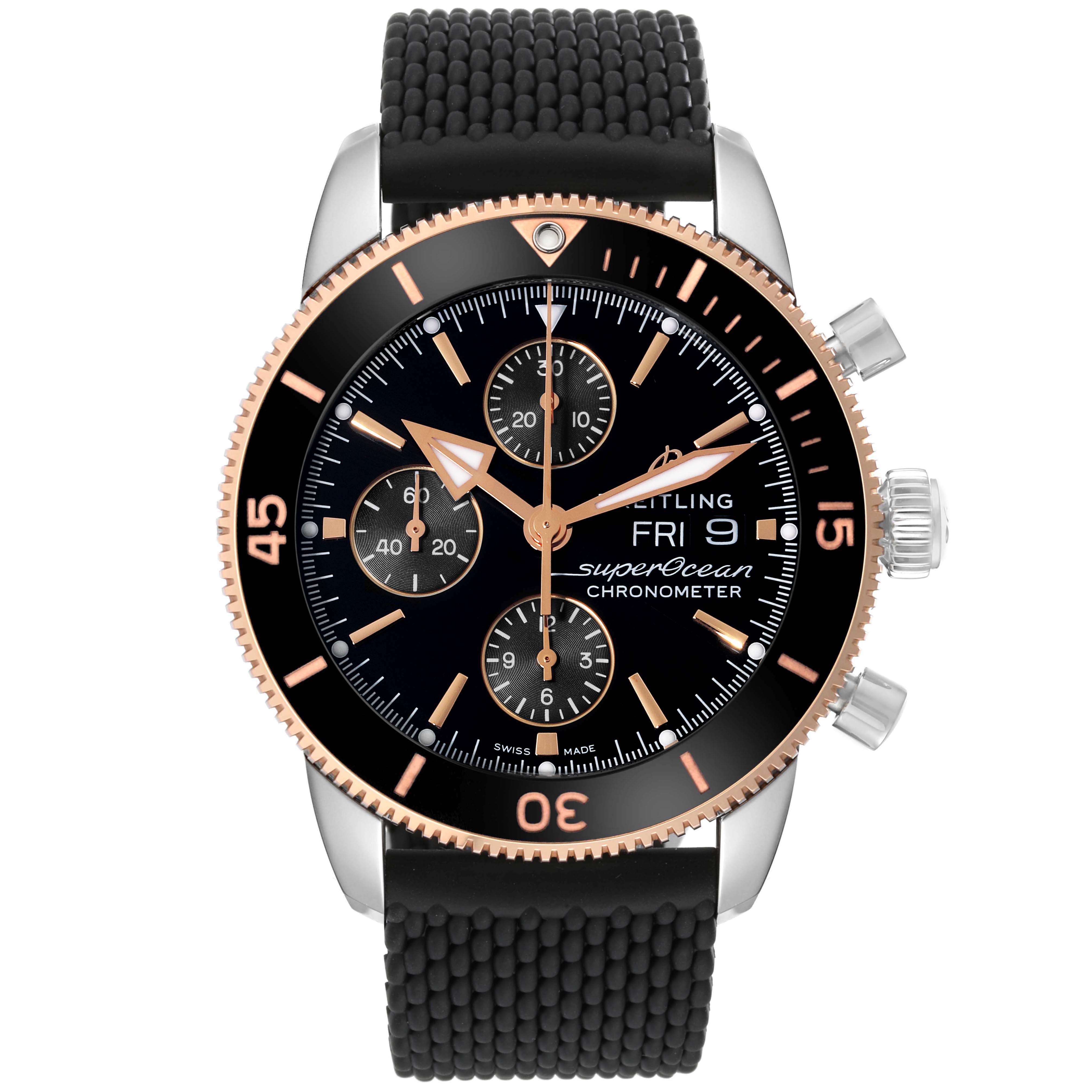 This image shows a front view of the Breitling Superocean U1331312/BG50/279S/A20D.4 Men's Steel and Gold (two tone) Black Dial U1331312/BG50/279S/A20D.4 Men's Steel and Gold (two tone) Black Dial watch, featuring the dial, bezel, and strap.