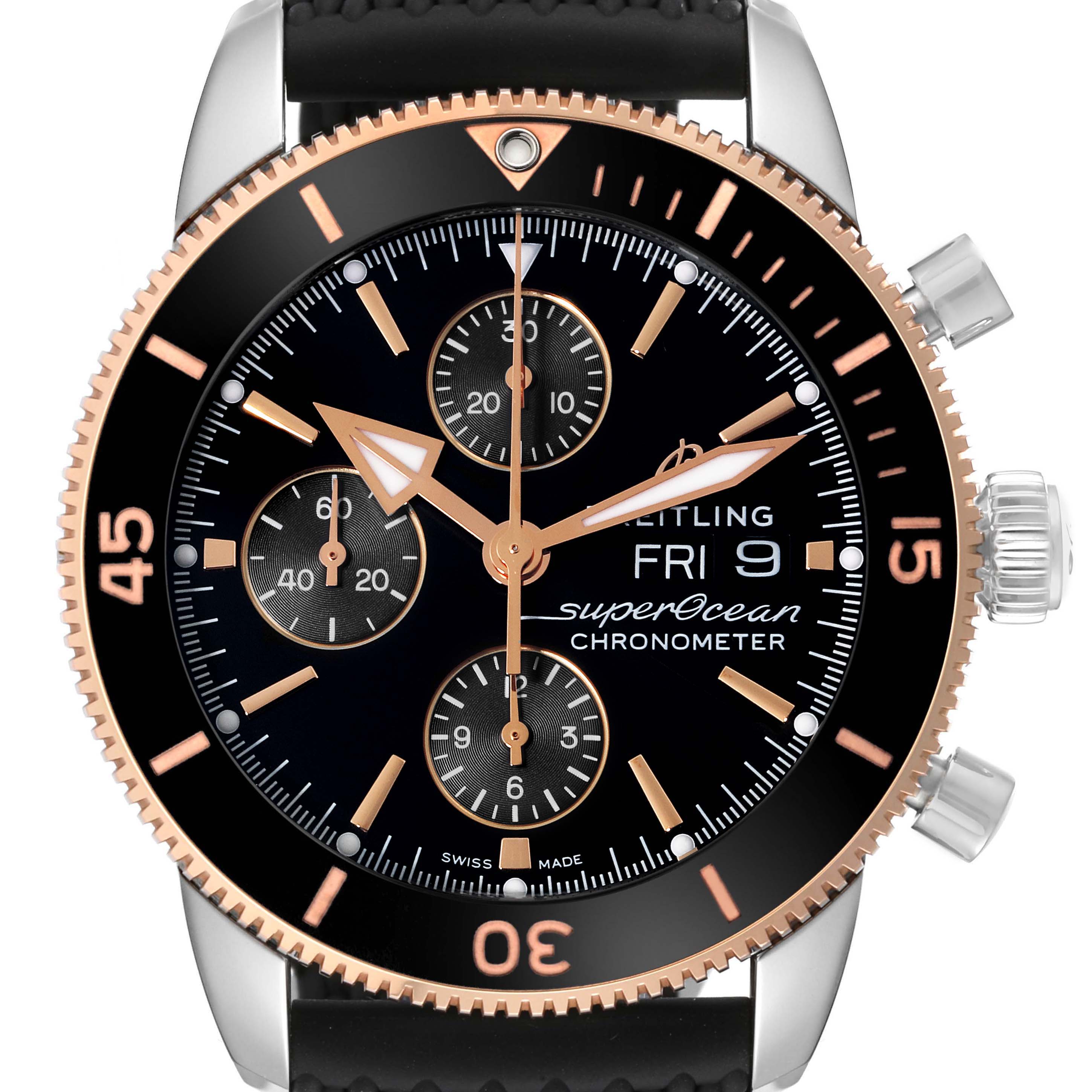 The image shows a front view of a Breitling Superocean U1331312/BG50/279S/A20D.4 Men's Steel and Gold (two tone) Black Dial U1331312/BG50/279S/A20D.4 Men's Steel and Gold (two tone) Black Dial watch, highlighting its dial, bezel, pushers, and crown.