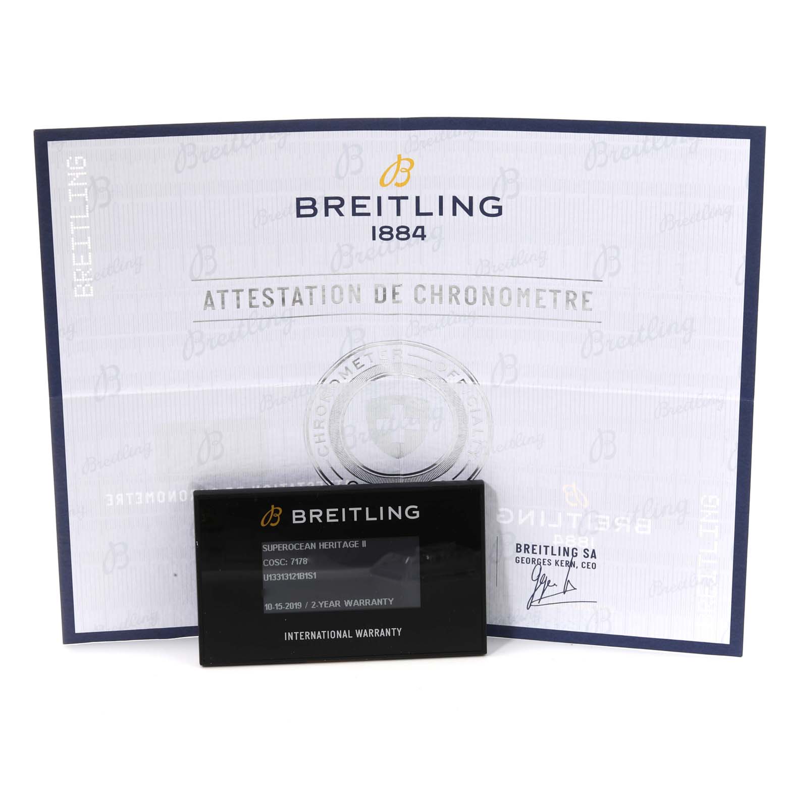 The image shows the warranty card and chronometer certificate for the Breitling Superocean U1331312/BG50/279S/A20D.4 Men's Steel and Gold (two tone) Black Dial U1331312/BG50/279S/A20D.4 Men's Steel and Gold (two tone) Black Dial model.