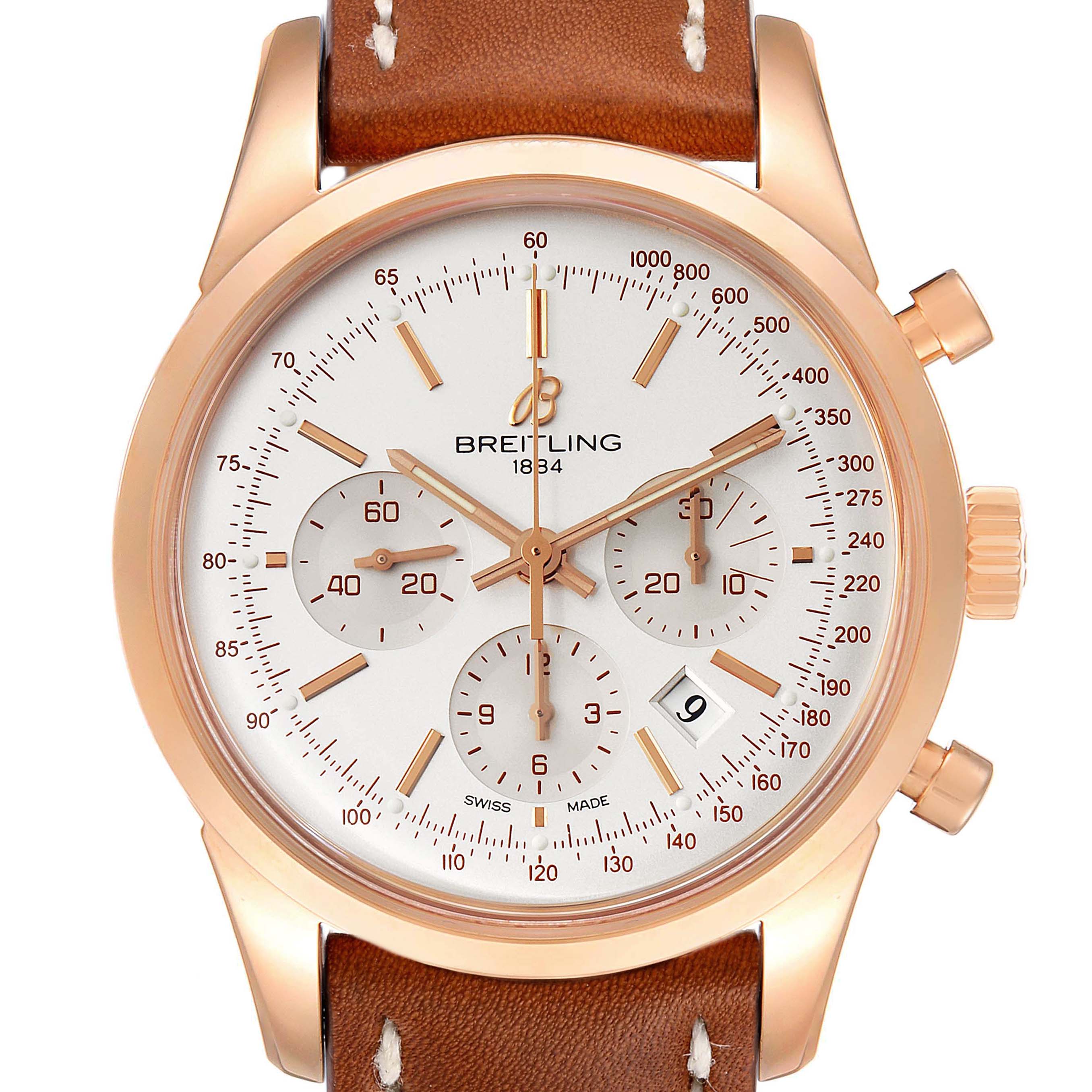 The image shows a front view of a Breitling Transocean RB0152 Men's Rose Gold Silver Dial RB0152 Men's Rose Gold Silver Dial watch with a brown leather strap and a rose gold case.