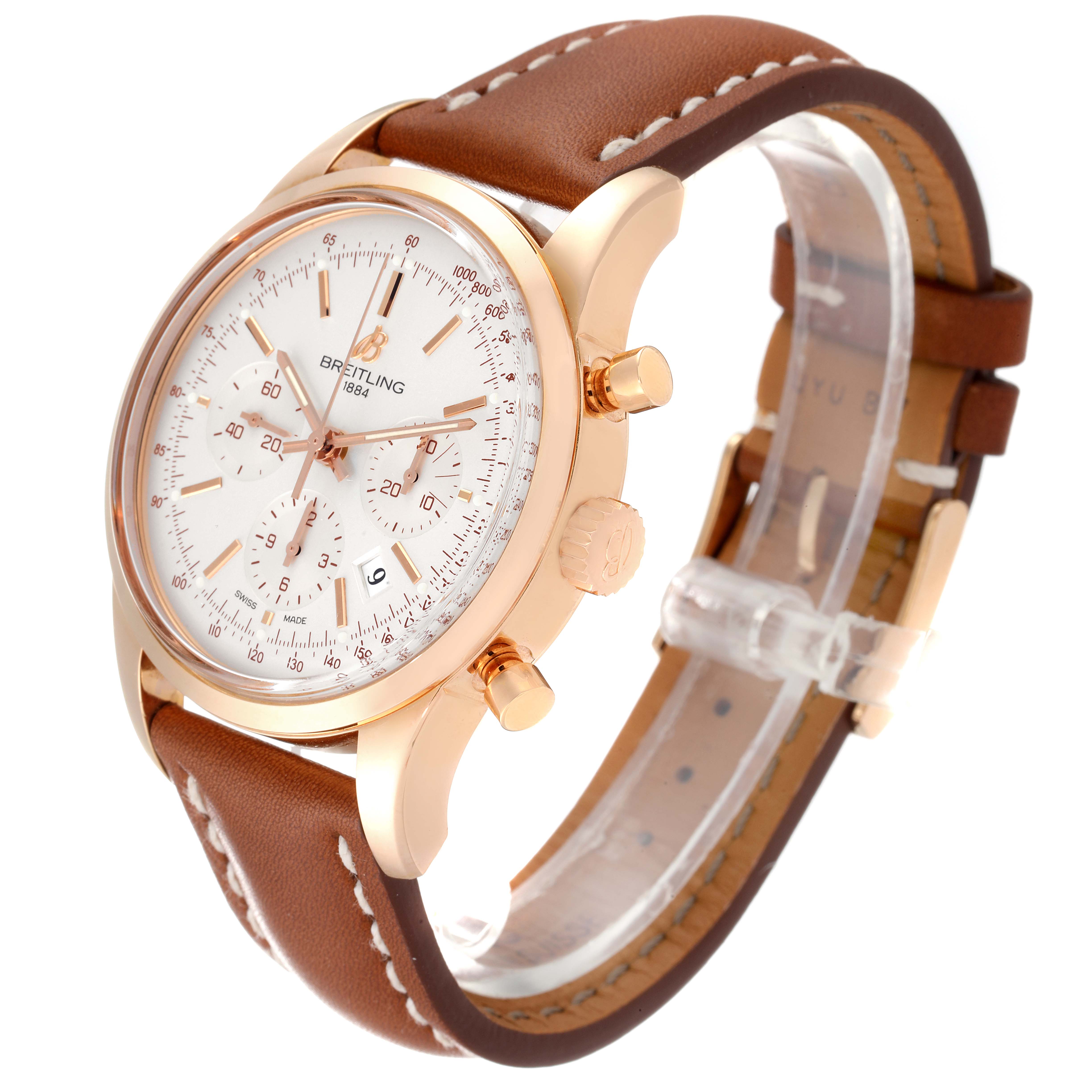 The image shows the front and right side of the Breitling Transocean RB0152 Men's Rose Gold Silver Dial RB0152 Men's Rose Gold Silver Dial watch, highlighting the face, crown, pushers, and leather strap.