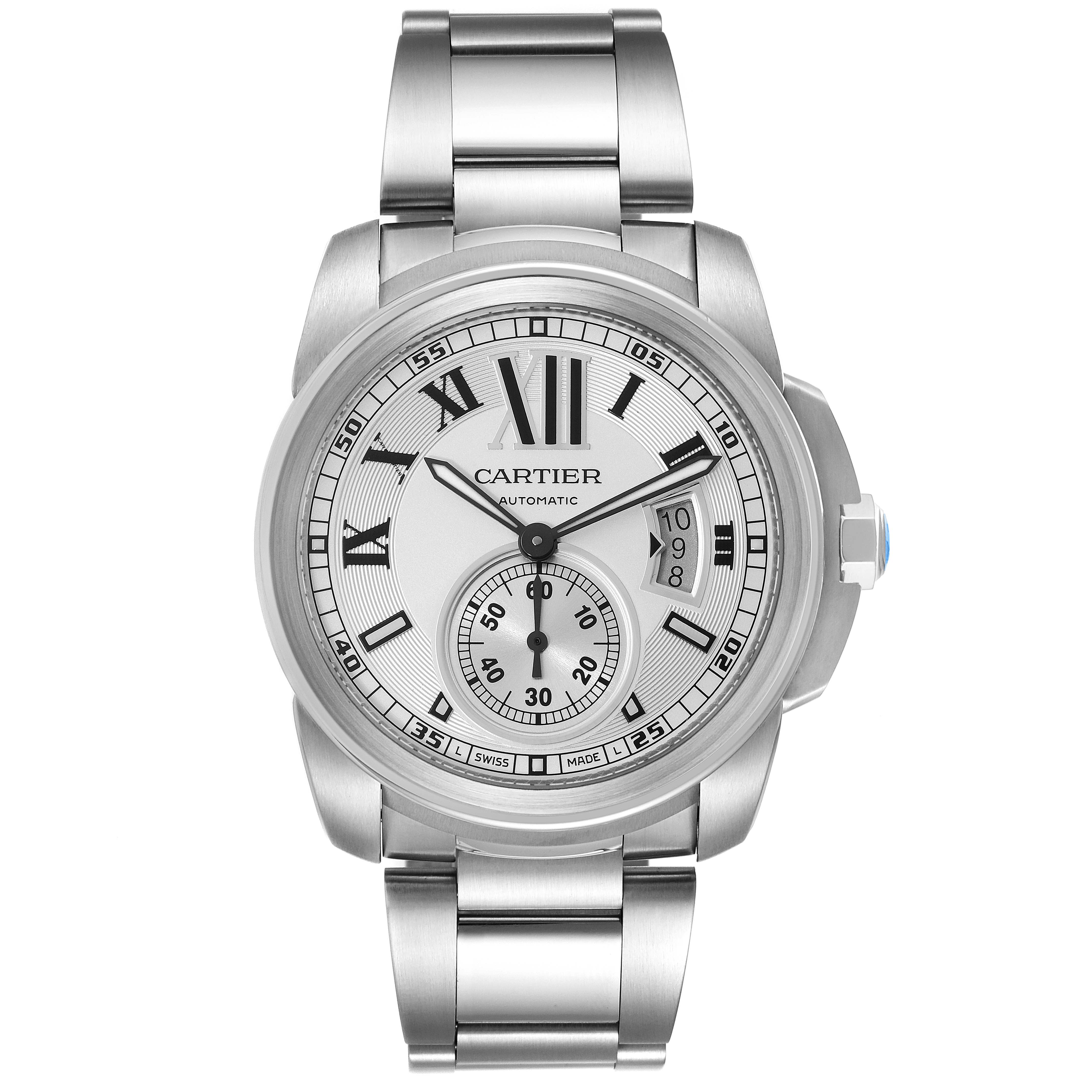 This image shows a frontal view of the Calibre de Cartier watch by Cartier, highlighting its face and metal bracelet.