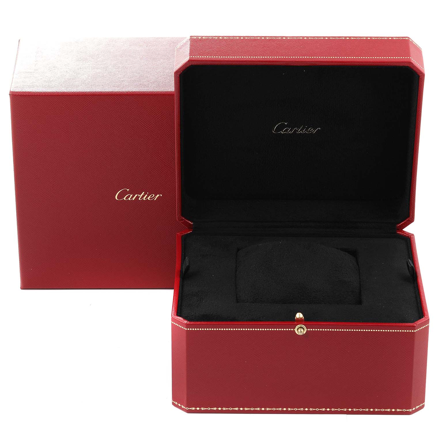 The image shows the open and closed red Cartier box for the Calibre de Cartier model watch, featuring the Cartier logo inside.