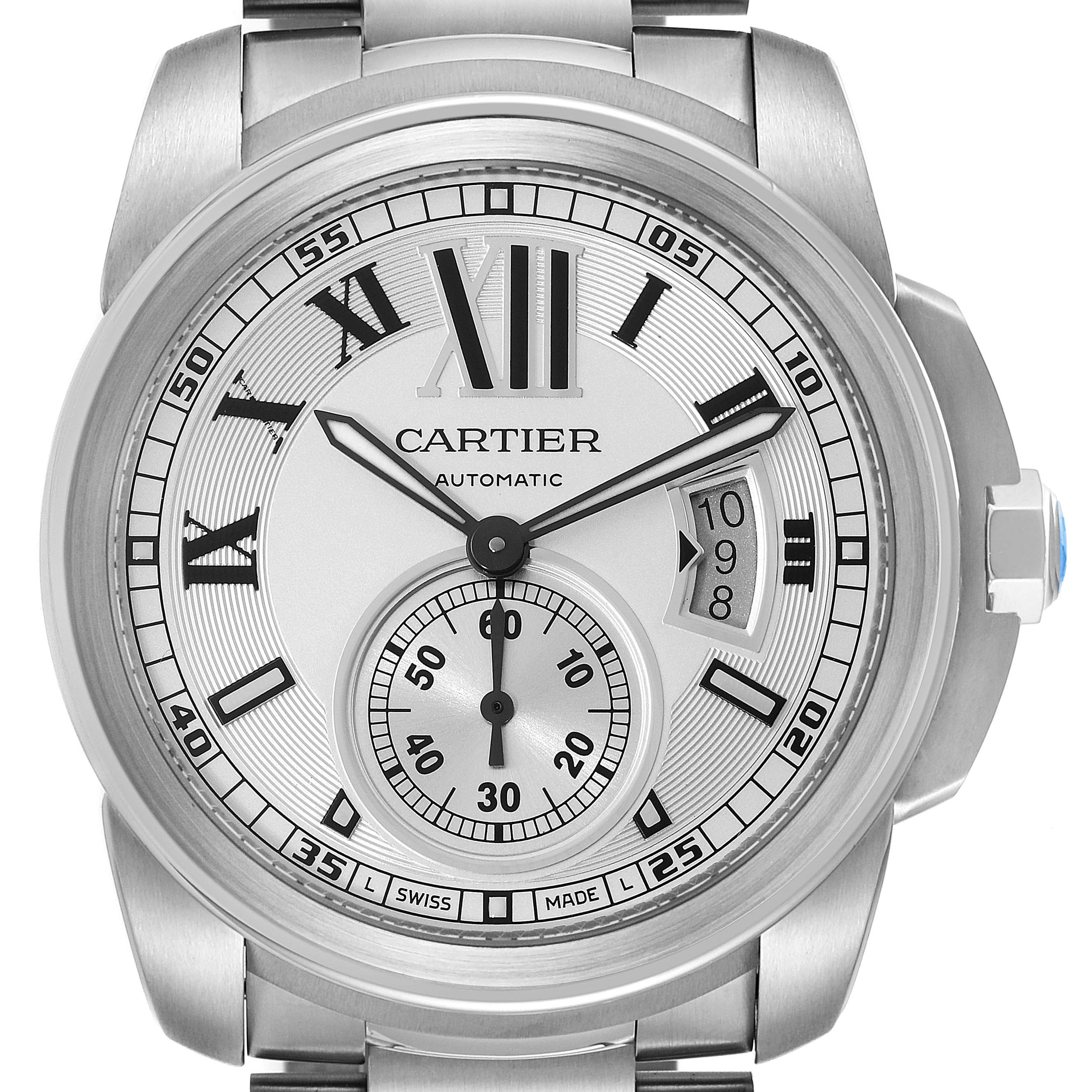The image shows a frontal view of the Calibre de Cartier watch by Cartier, highlighting its dial, hands, and date window.