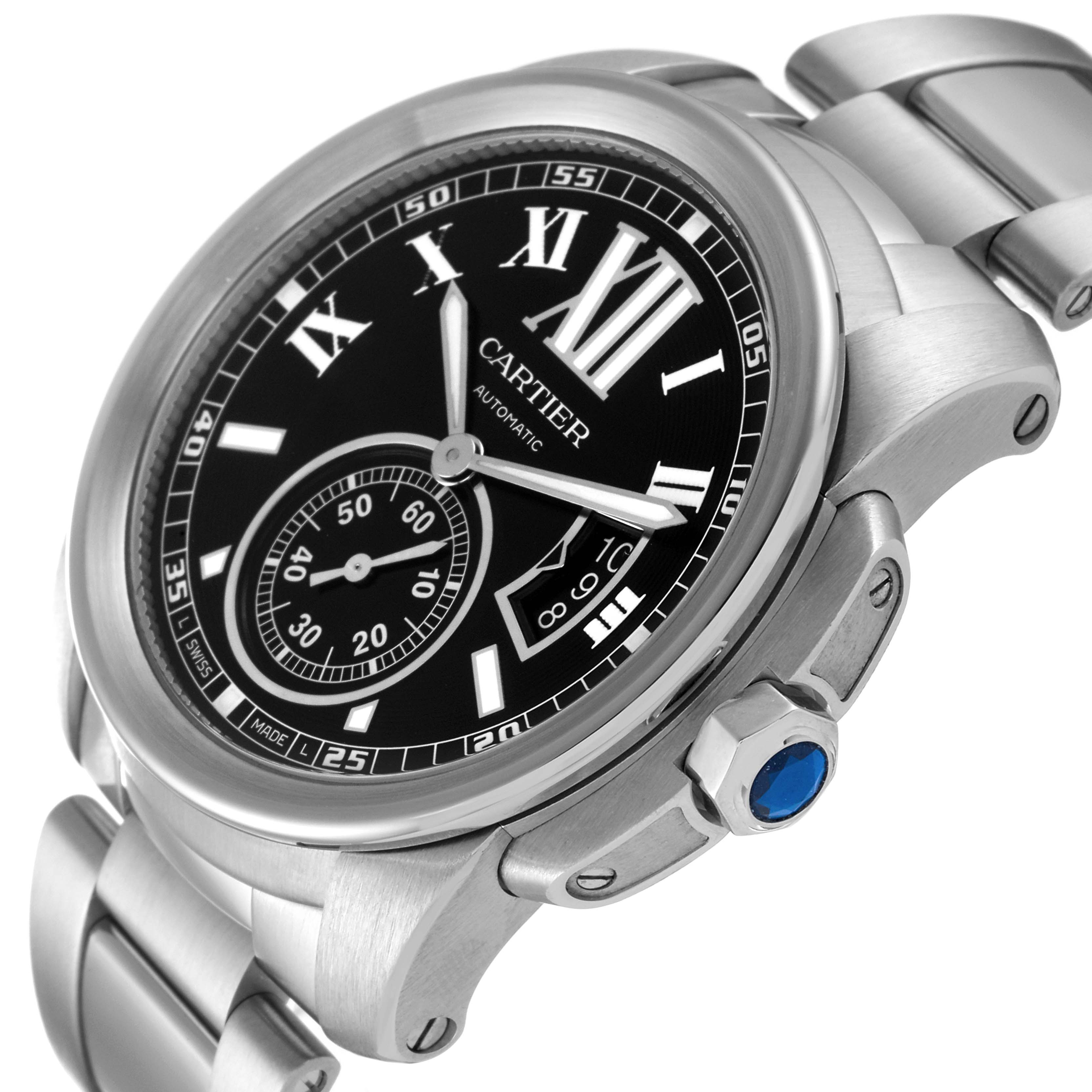 This image shows the front and side view of a Calibre de Cartier watch by Cartier, highlighting its dial, hands, crown, and bracelet.