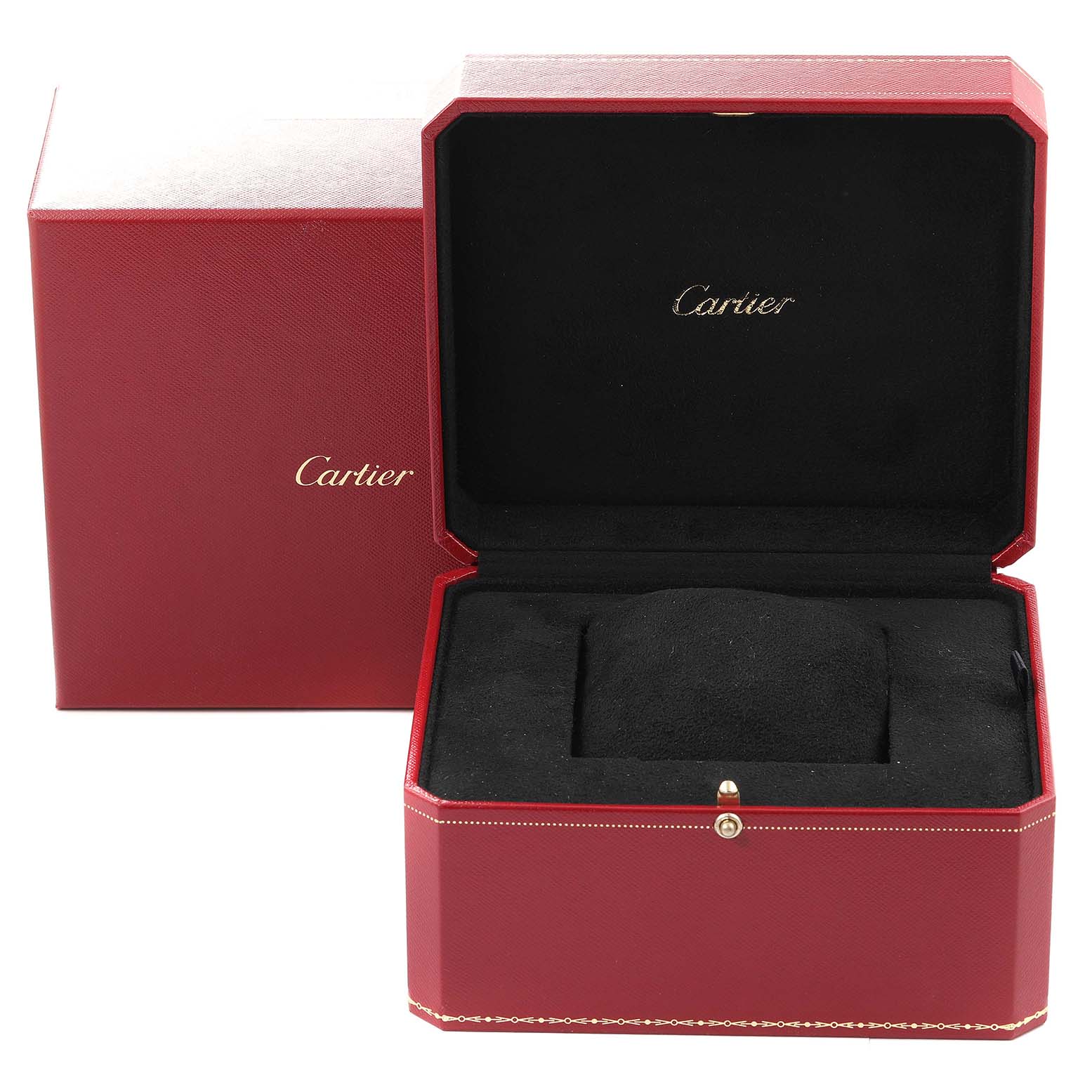 The image shows the open box and packaging for a Calibre de Cartier watch by Cartier, displaying its luxurious design.