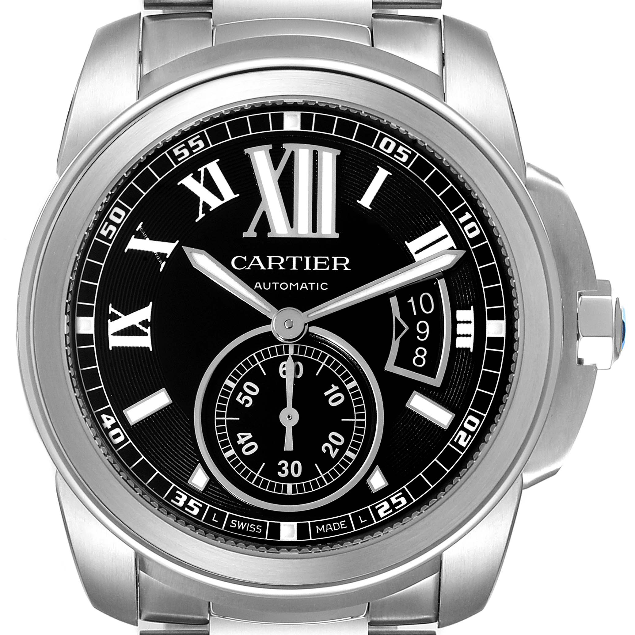 The Calibre de Cartier watch by Cartier is shown from a front angle, displaying its dial, case, and part of the bracelet.