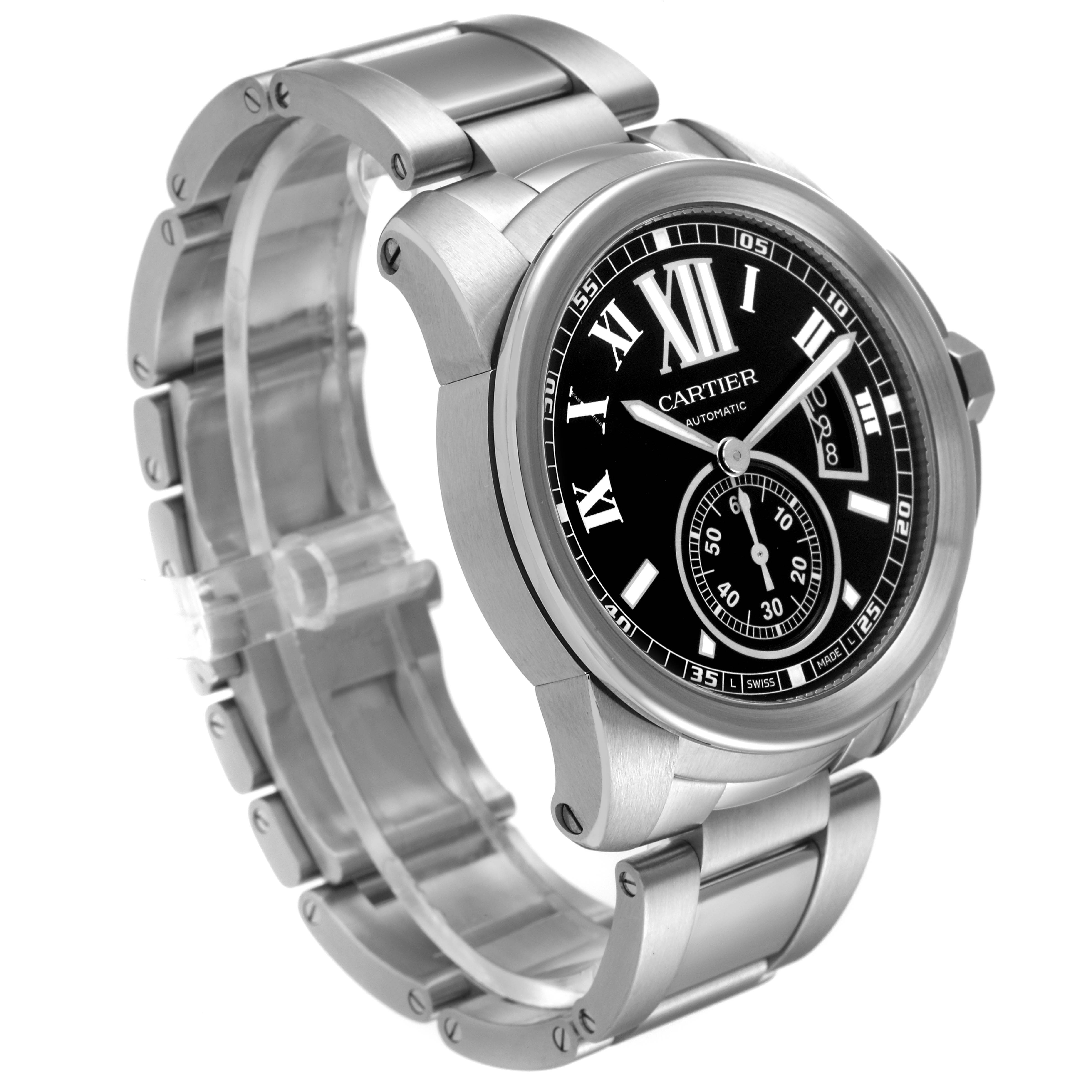 The image shows a Calibre de Cartier model watch by Cartier at a three-quarter angle, highlighting its face and bracelet.