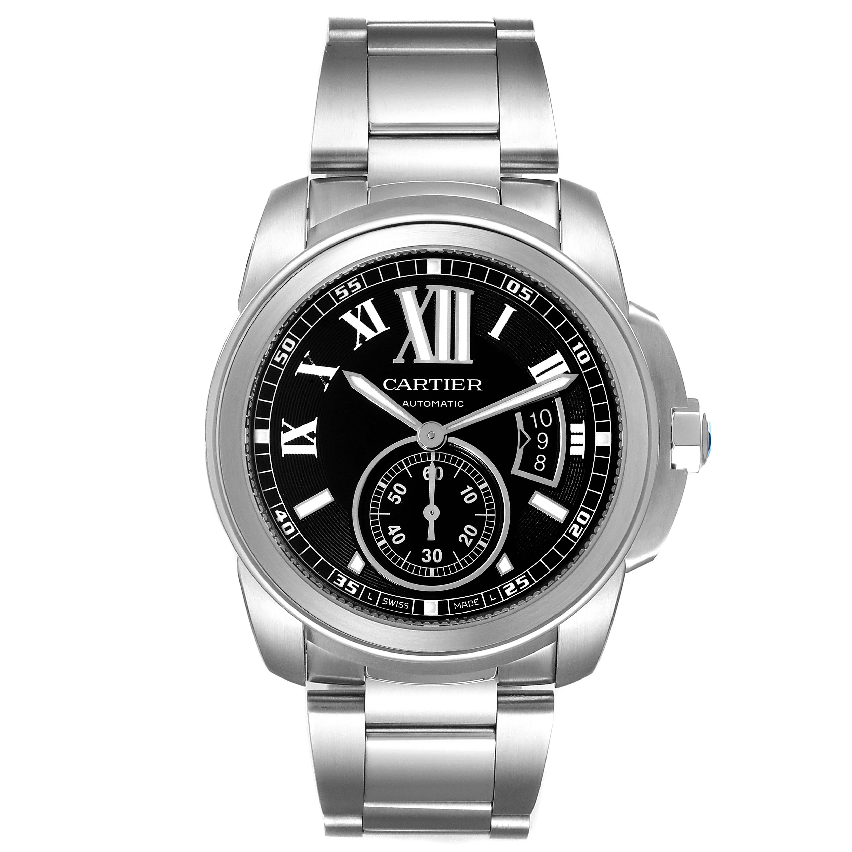 The Calibre de Cartier by Cartier is shown from a front angle, displaying its dial, hands, and bracelet.