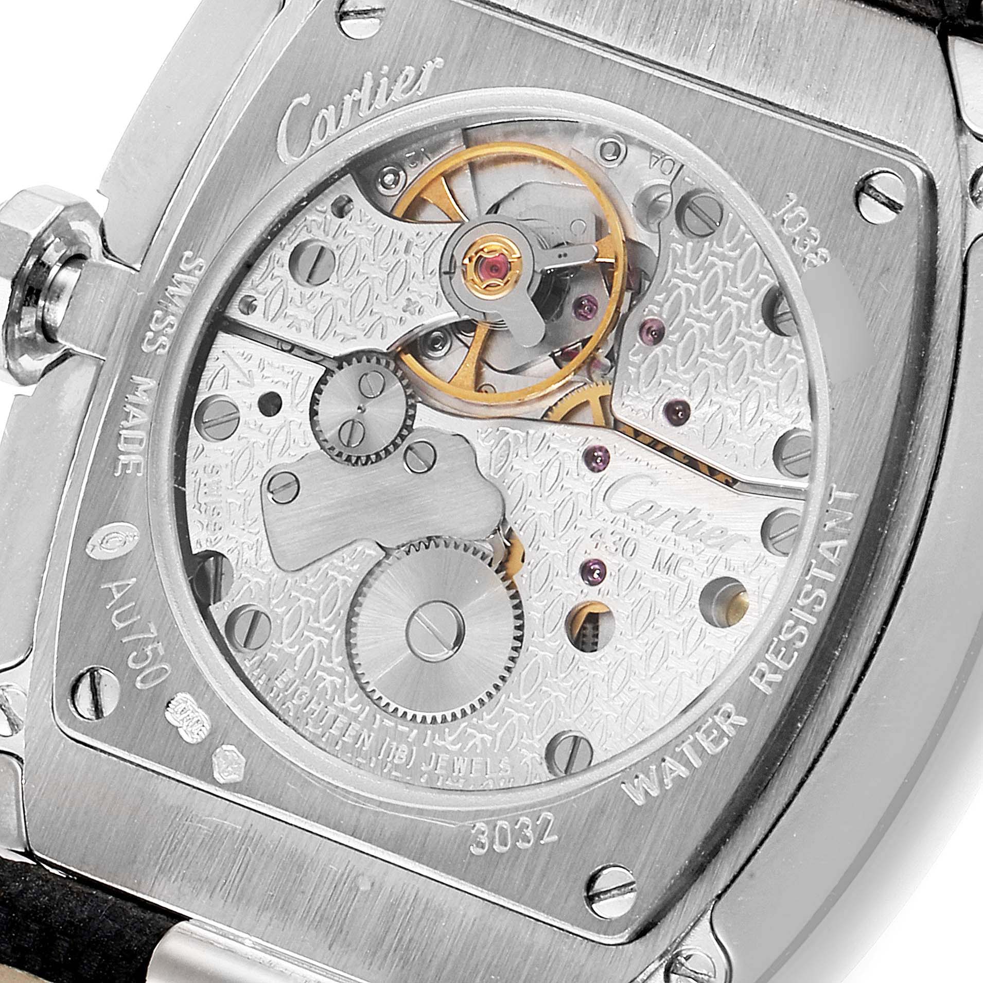 The image shows the back view of the Cartier Baignoire WB520009 Women's White Gold Silver Dial WB520009 Women's White Gold Silver Dial watch, highlighting its intricate internal mechanism.