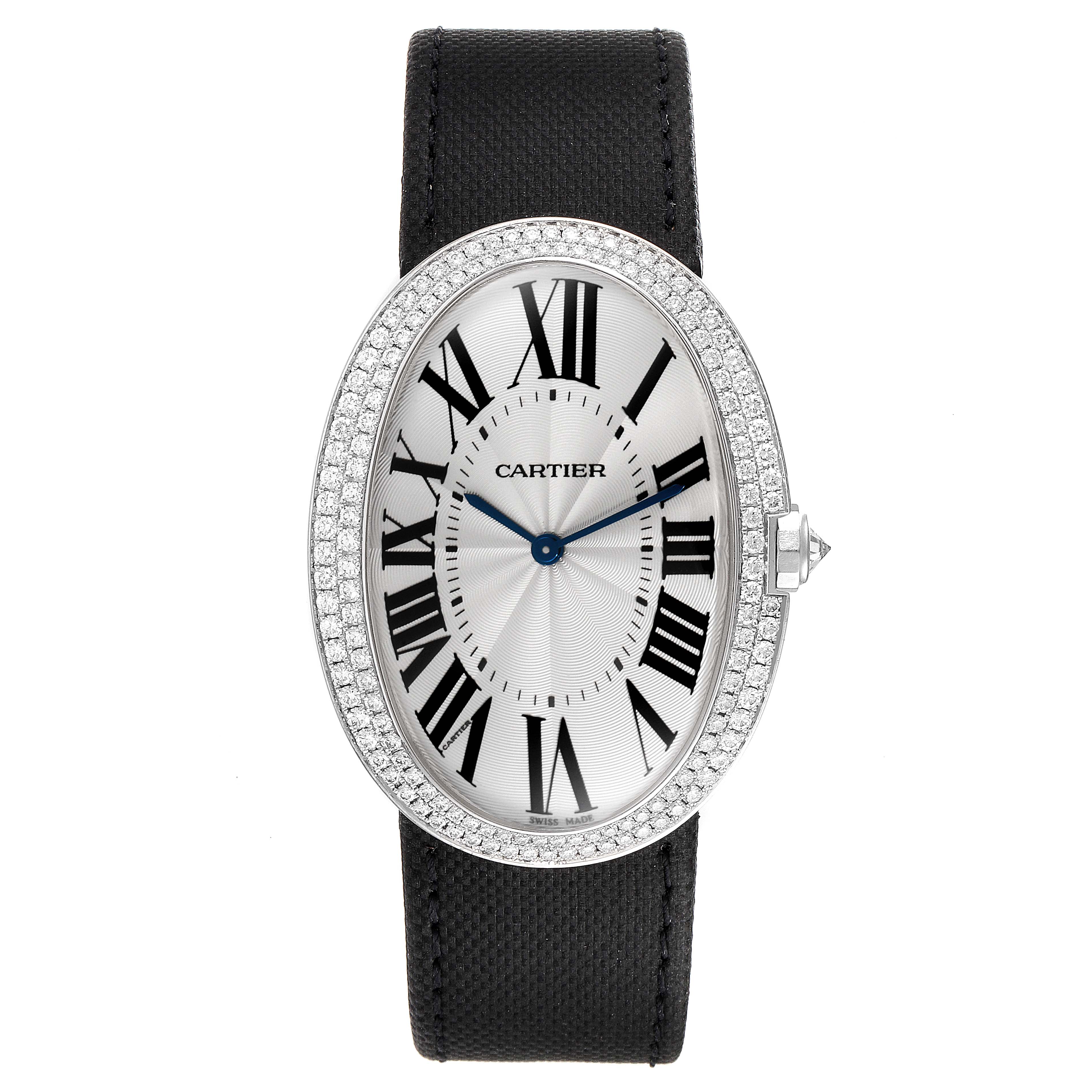 This image shows a front view of the Cartier Baignoire WB520009 Women's White Gold Silver Dial WB520009 Women's White Gold Silver Dial watch, highlighting the oval face, Roman numerals, and diamond bezel.