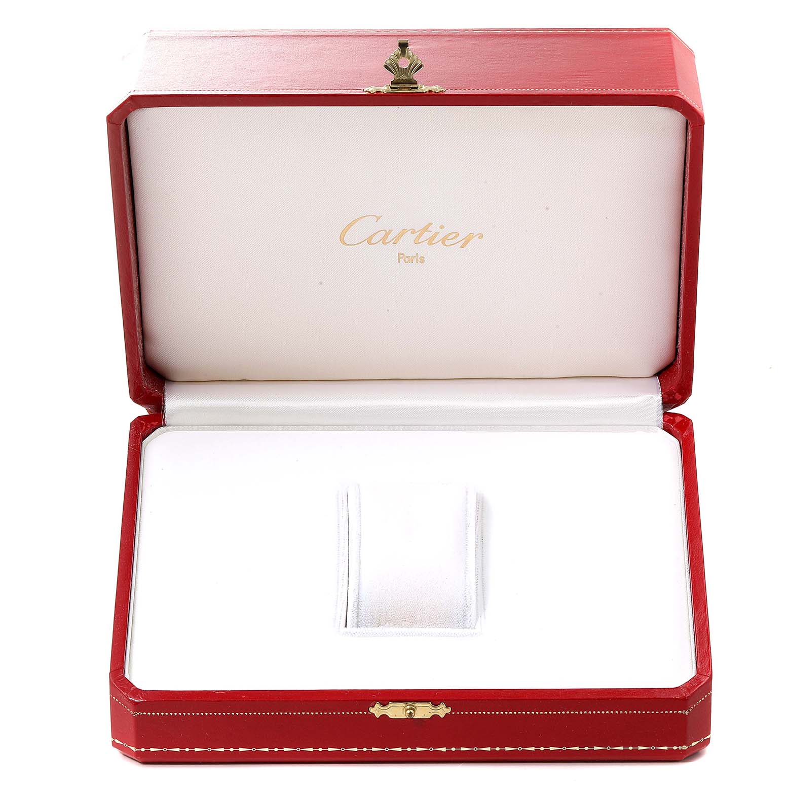 The image shows an open Cartier watch box for the Baignoire model, featuring its red exterior and white interior.