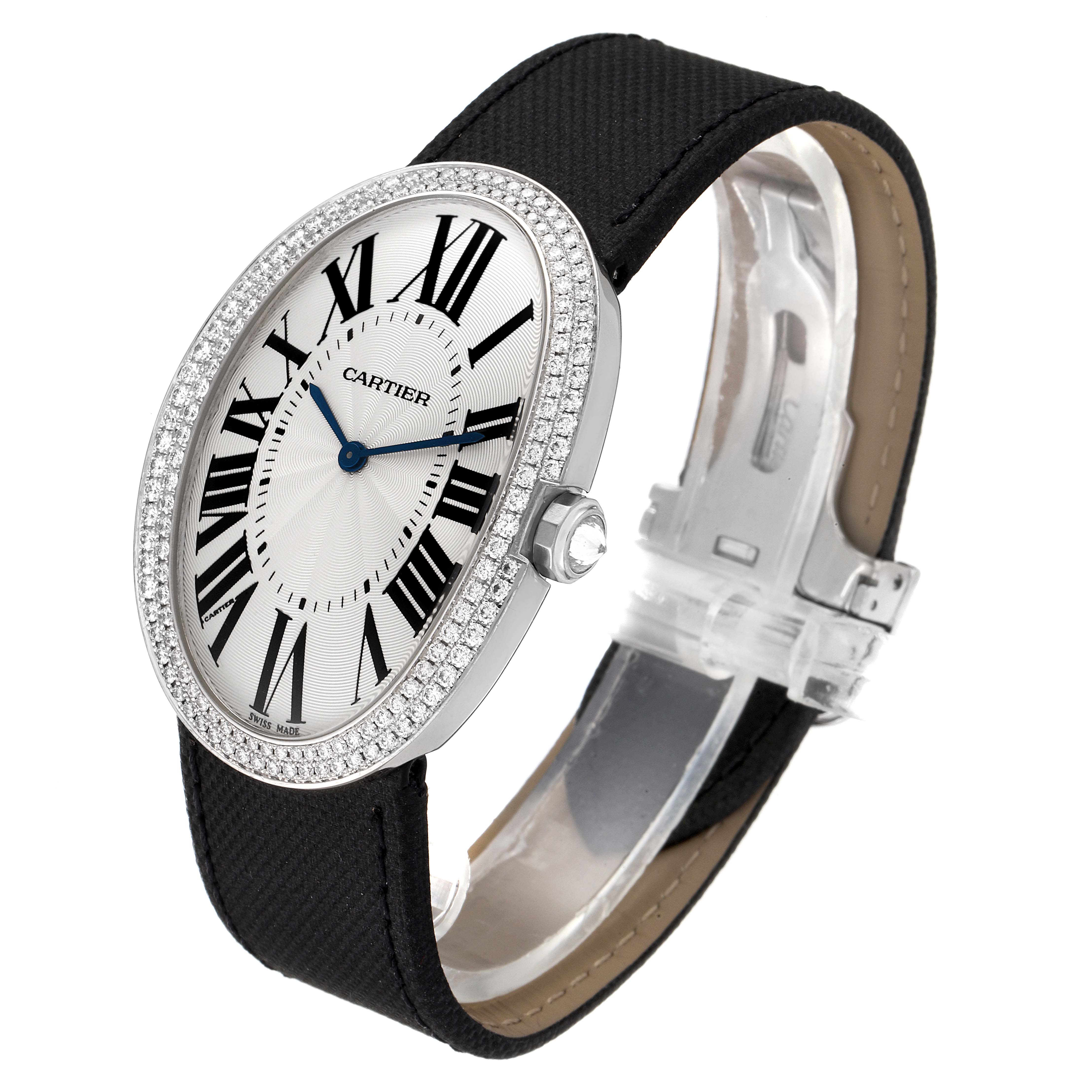 The Cartier Baignoire WB520009 Women's White Gold Silver Dial WB520009 Women's White Gold Silver Dial watch is shown at a slight angle, displaying its face, diamond-bezel, case, and black strap.