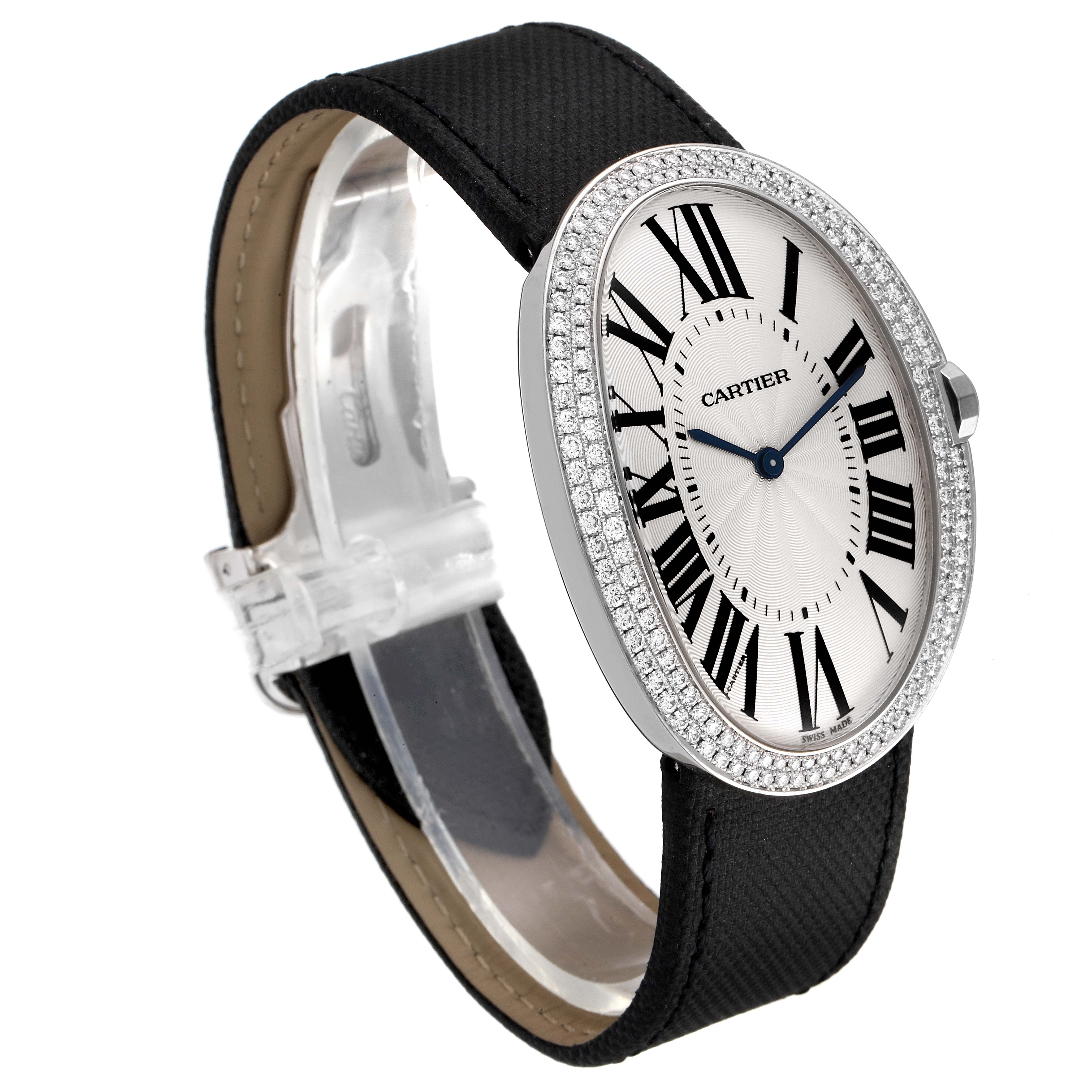 Side angle of the Cartier Baignoire WB520009 Women's White Gold Silver Dial WB520009 Women's White Gold Silver Dial watch showing the face, strap, and bejeweled bezel.