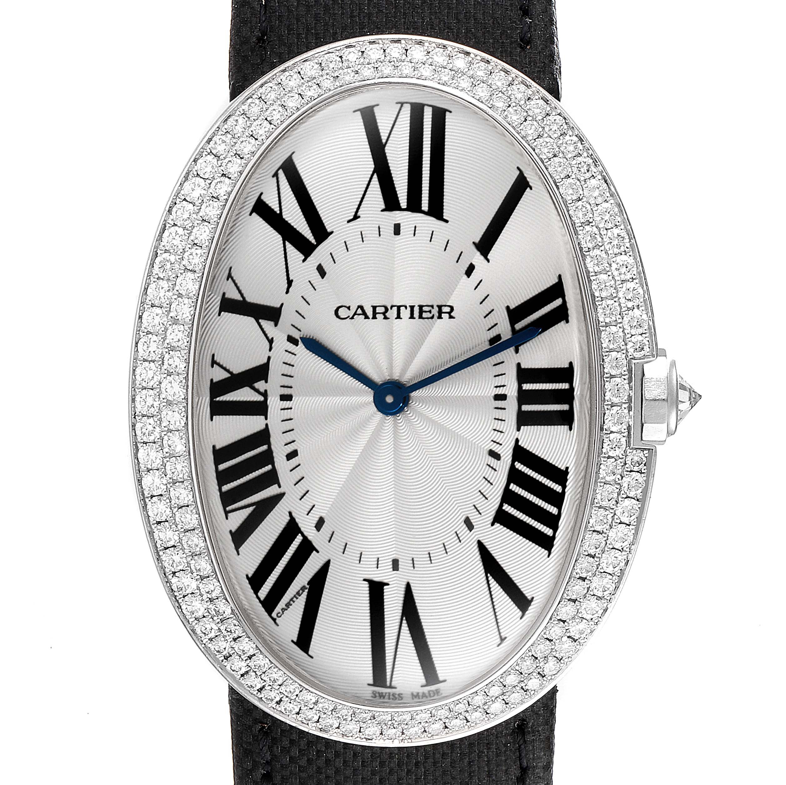 This image shows a Cartier Baignoire WB520009 Women's White Gold Silver Dial WB520009 Women's White Gold Silver Dial watch, featuring its face, diamond bezel, and crown, taken from a front angle.