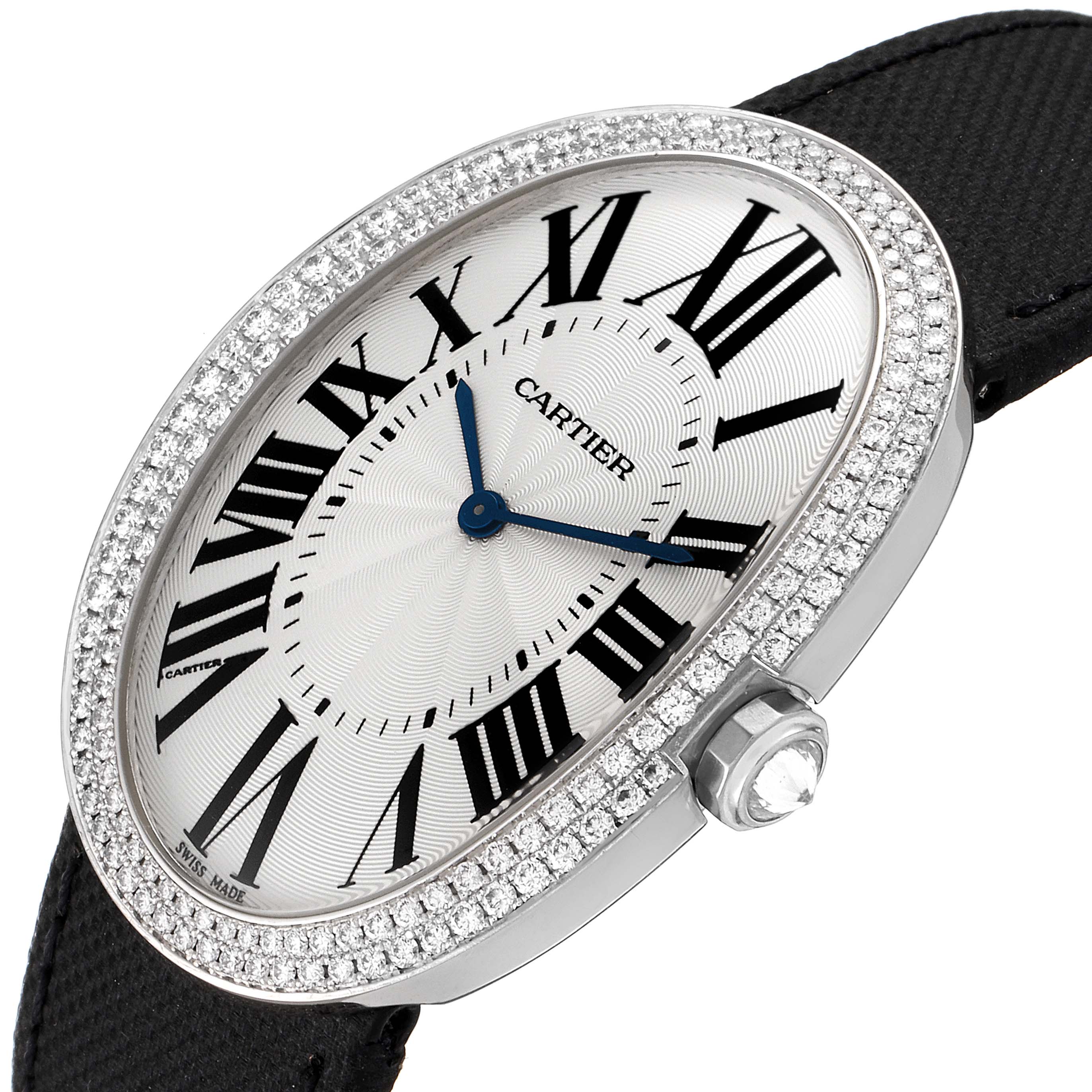 The Cartier Baignoire WB520009 Women's White Gold Silver Dial WB520009 Women's White Gold Silver Dial watch is shown at an angled close-up, highlighting the face, diamond bezel, and part of the black strap.