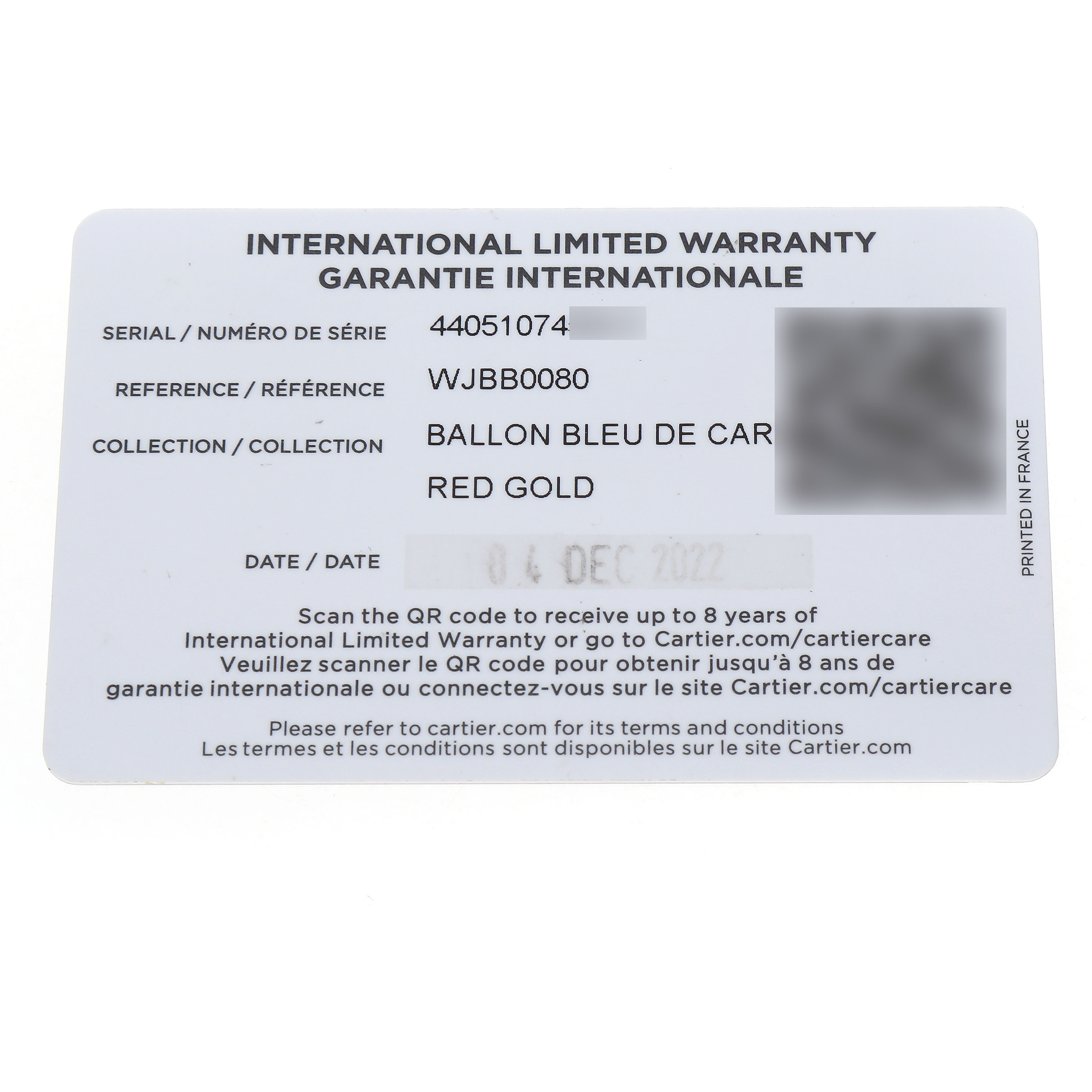 The image shows an international limited warranty card for the Cartier Ballon Bleu WJBB0080 Women's Rose Gold Silver Dial model, detailing serial and reference numbers.