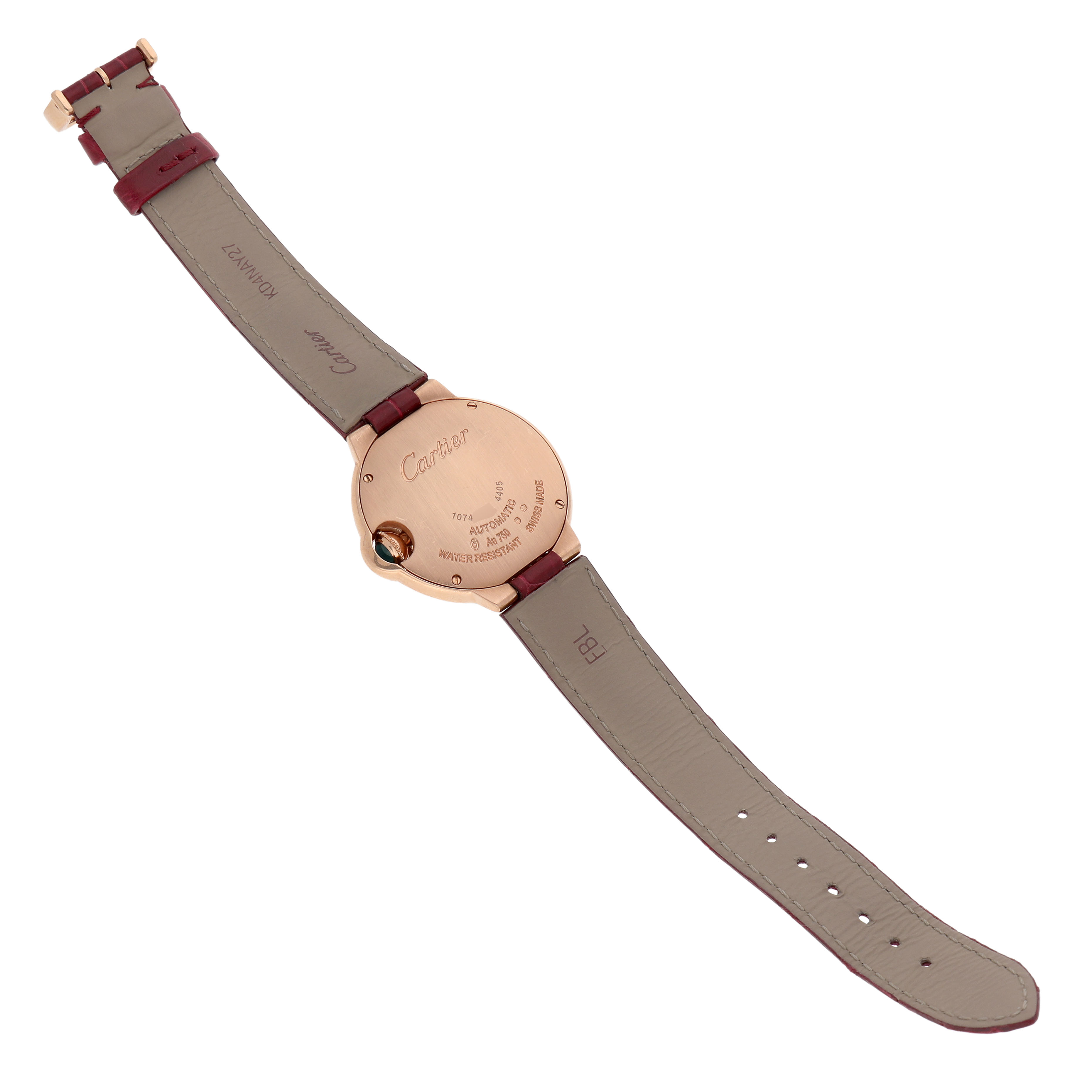 The image shows the back view of a Cartier Ballon Bleu WJBB0080 Women's Rose Gold Silver Dial watch, highlighting its case back and leather strap.