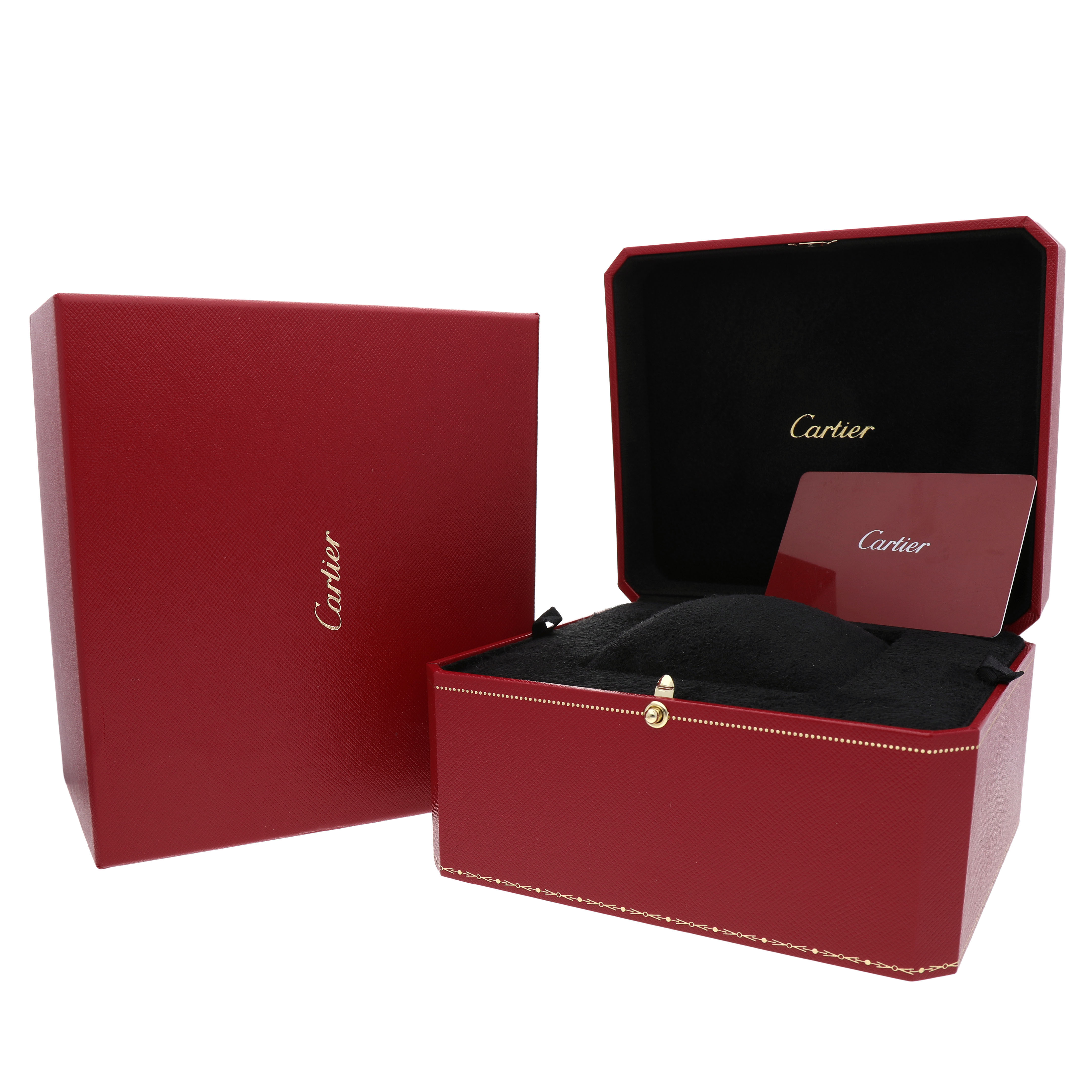 The image shows the Cartier Ballon Bleu WJBB0080 Women's Rose Gold Silver Dial watch box and accessories, including a red box and a card, viewed from the front.