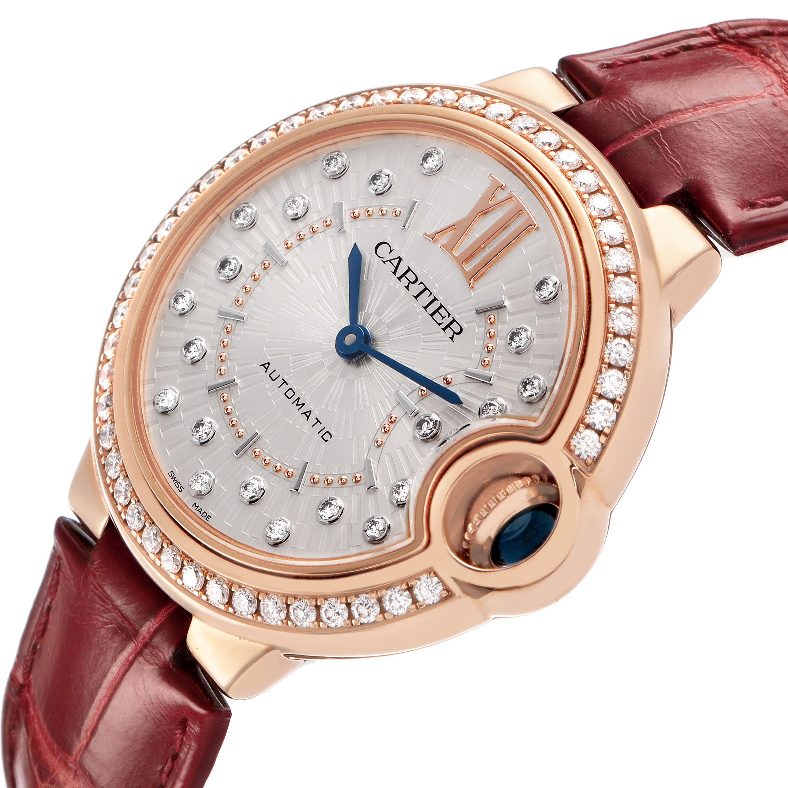 The Cartier Ballon Bleu WJBB0080 Women's Rose Gold Silver Dial watch is shown from a close-up side angle, highlighting its diamond-studded bezel, crown, and leather strap.