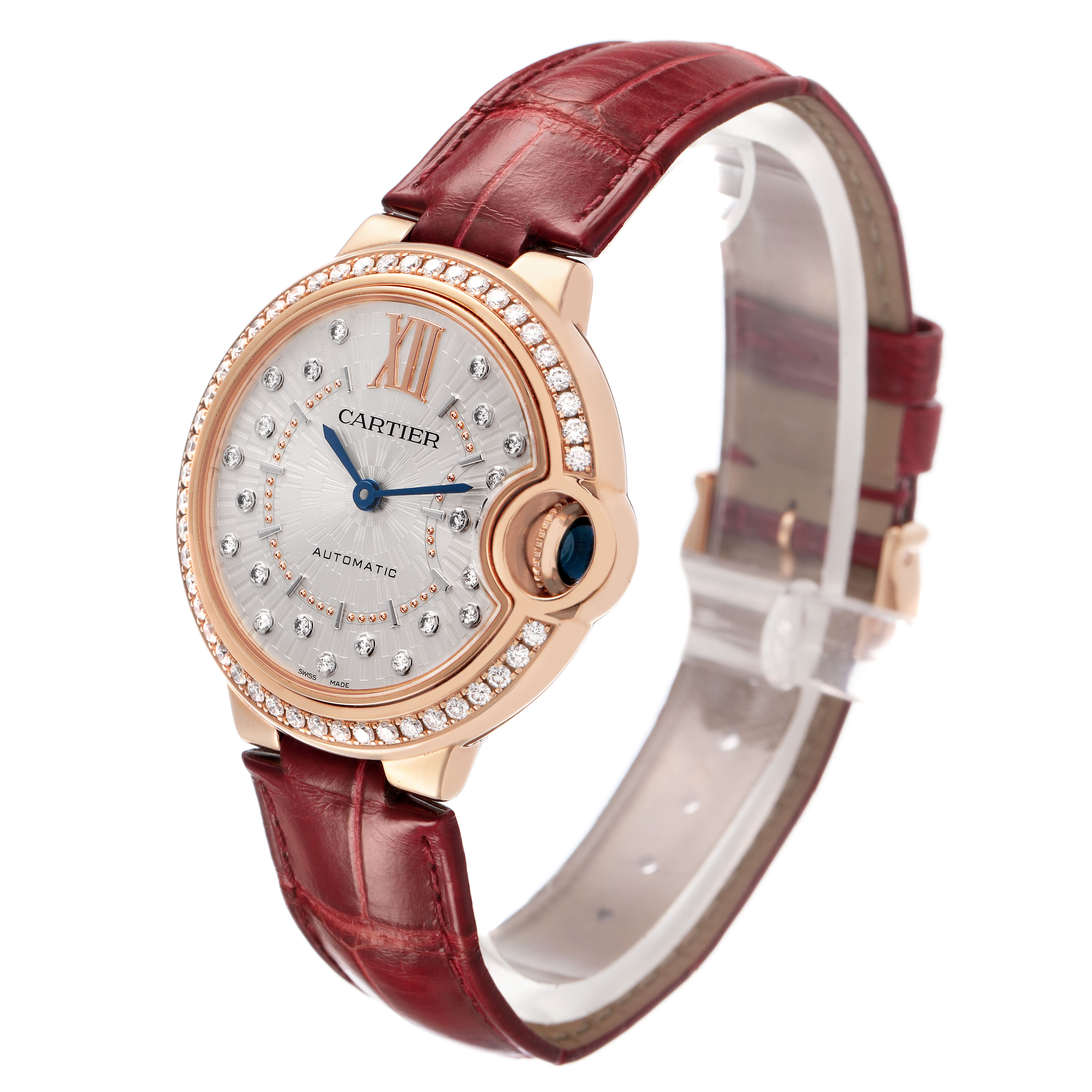 The Cartier Ballon Bleu WJBB0080 Women's Rose Gold Silver Dial watch is shown at a three-quarter angle, highlighting the face, bezel, and red leather strap.