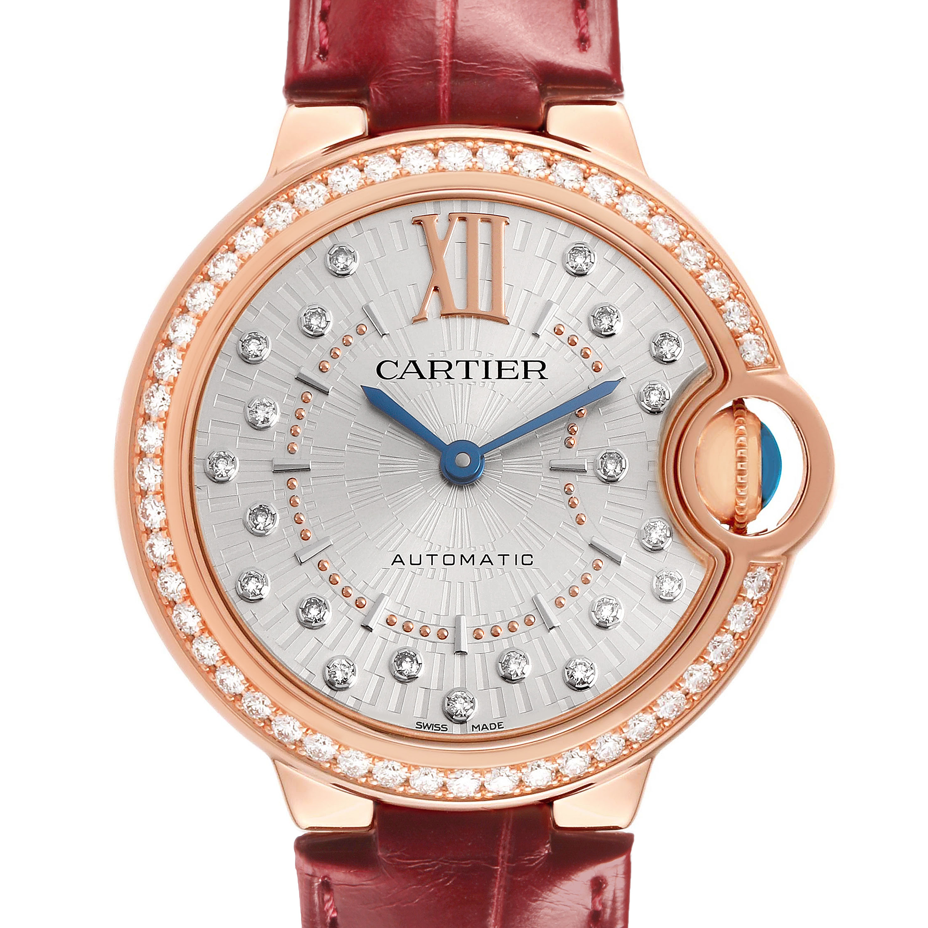 The Cartier Ballon Bleu WJBB0080 Women's Rose Gold Silver Dial watch is shown from a front angle, highlighting its round face, diamond bezel, and red leather strap.
