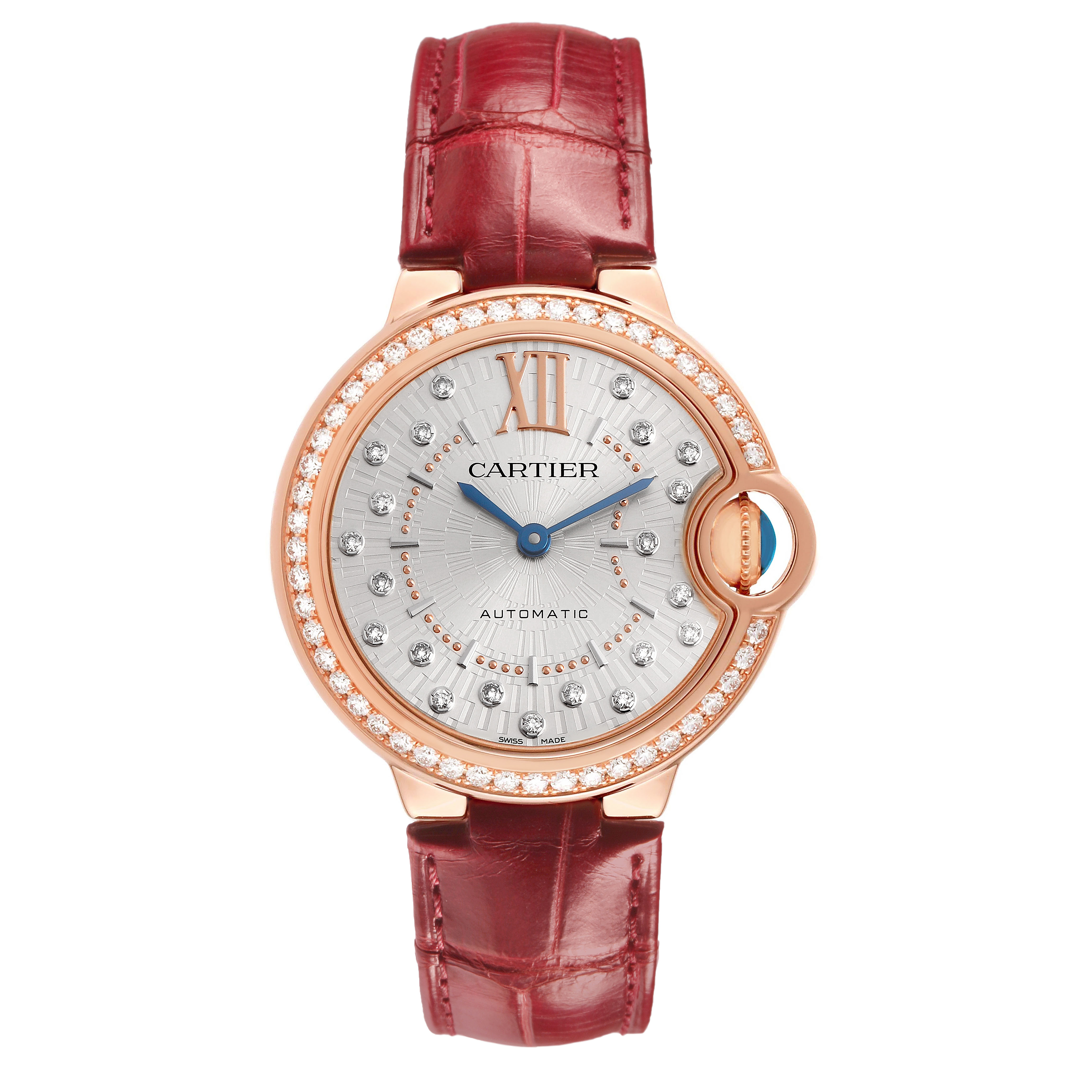 The Cartier Ballon Bleu WJBB0080 Women's Rose Gold Silver Dial watch is shown from a front angle, highlighting the dial, bezel, crown, and red strap.