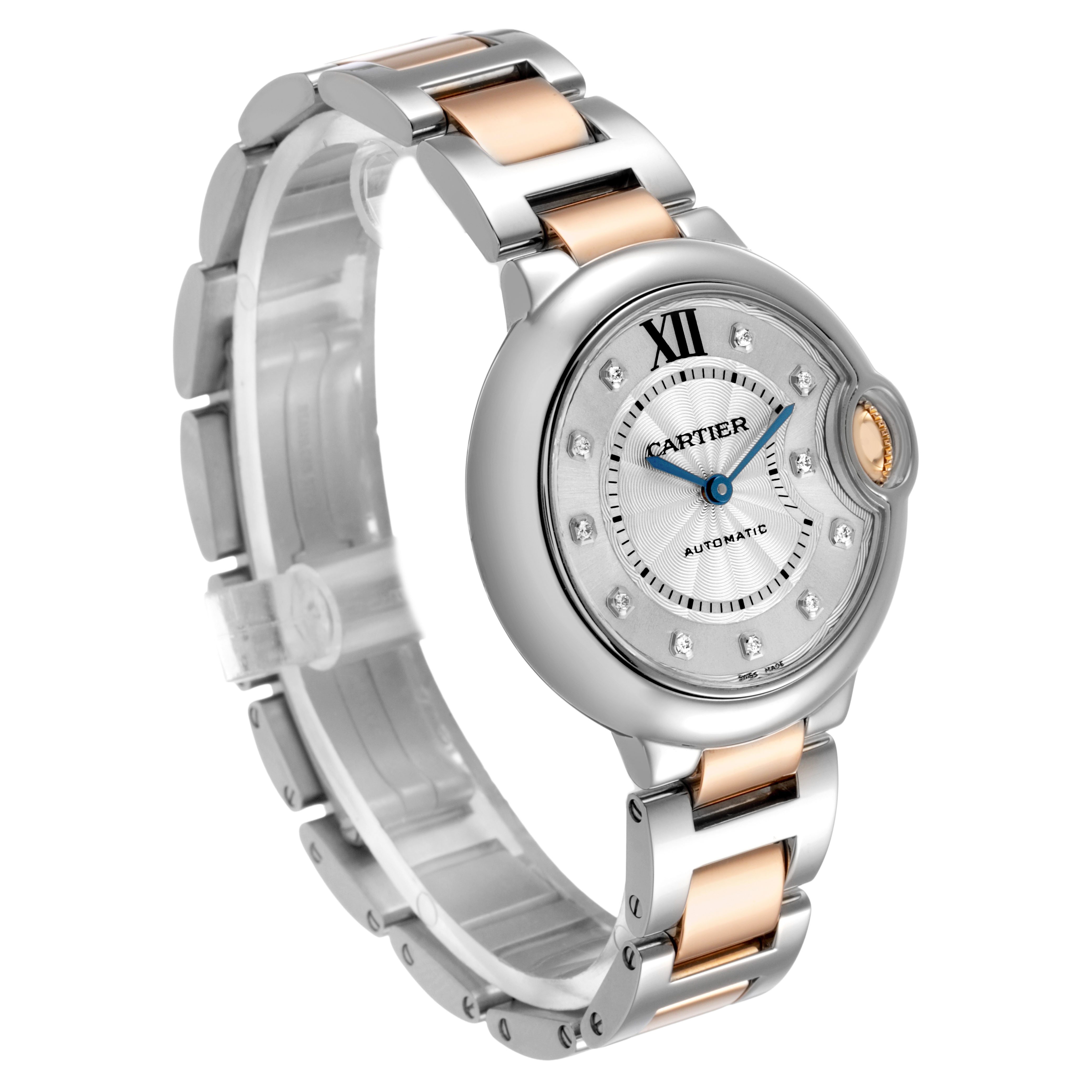 The Cartier Ballon Bleu WE902044 Women's Steel and Gold (two tone) Silver Dial watch is shown at an angle highlighting the face, crown, and part of the two-tone bracelet.