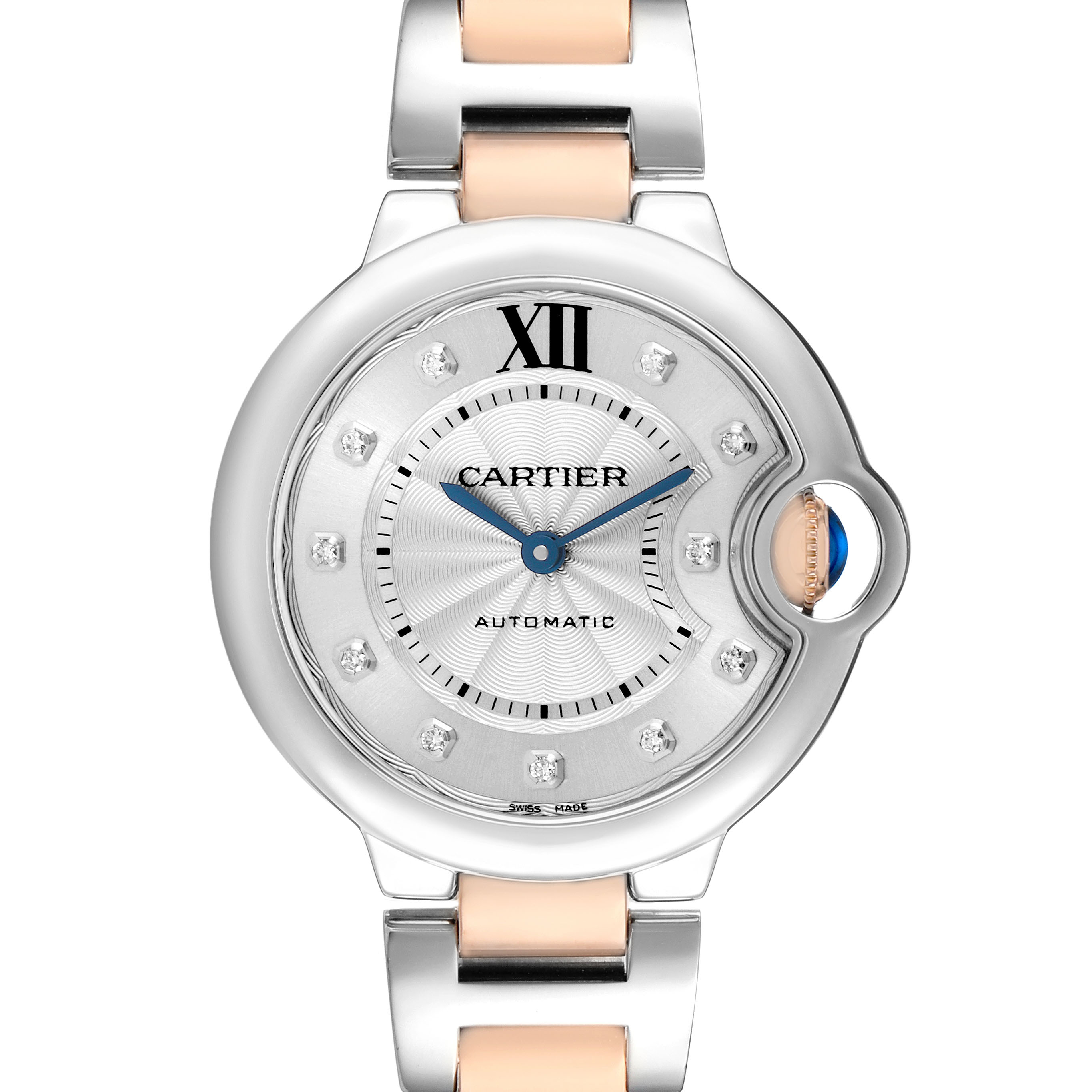 The image shows a front view of the Cartier Ballon Bleu WE902044 Women's Steel and Gold (two tone) Silver Dial watch, highlighting its round face, crown, and bracelet.
