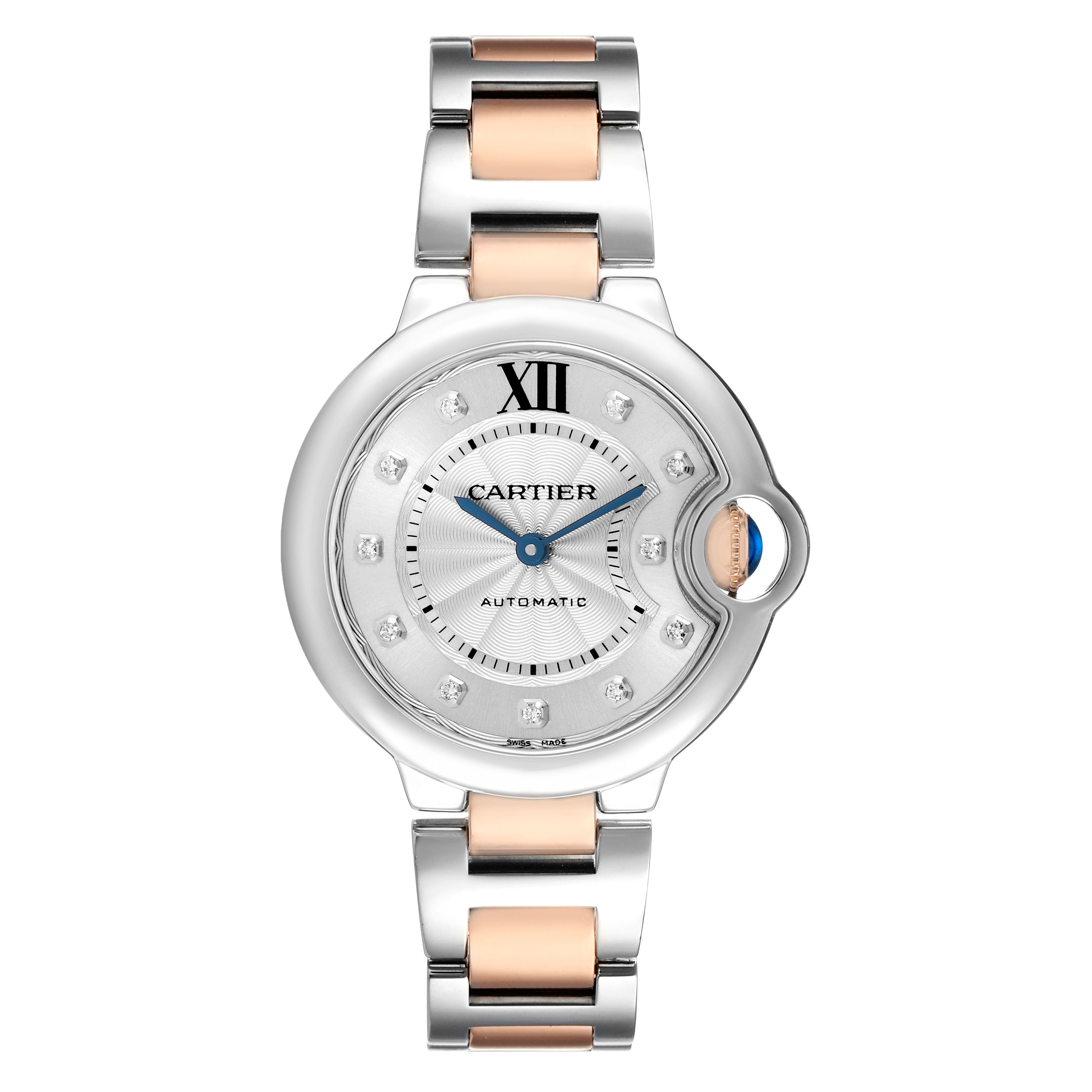 The Cartier Ballon Bleu WE902044 Women's Steel and Gold (two tone) Silver Dial watch is shown from a top view, highlighting the dial, crown, and two-tone bracelet.