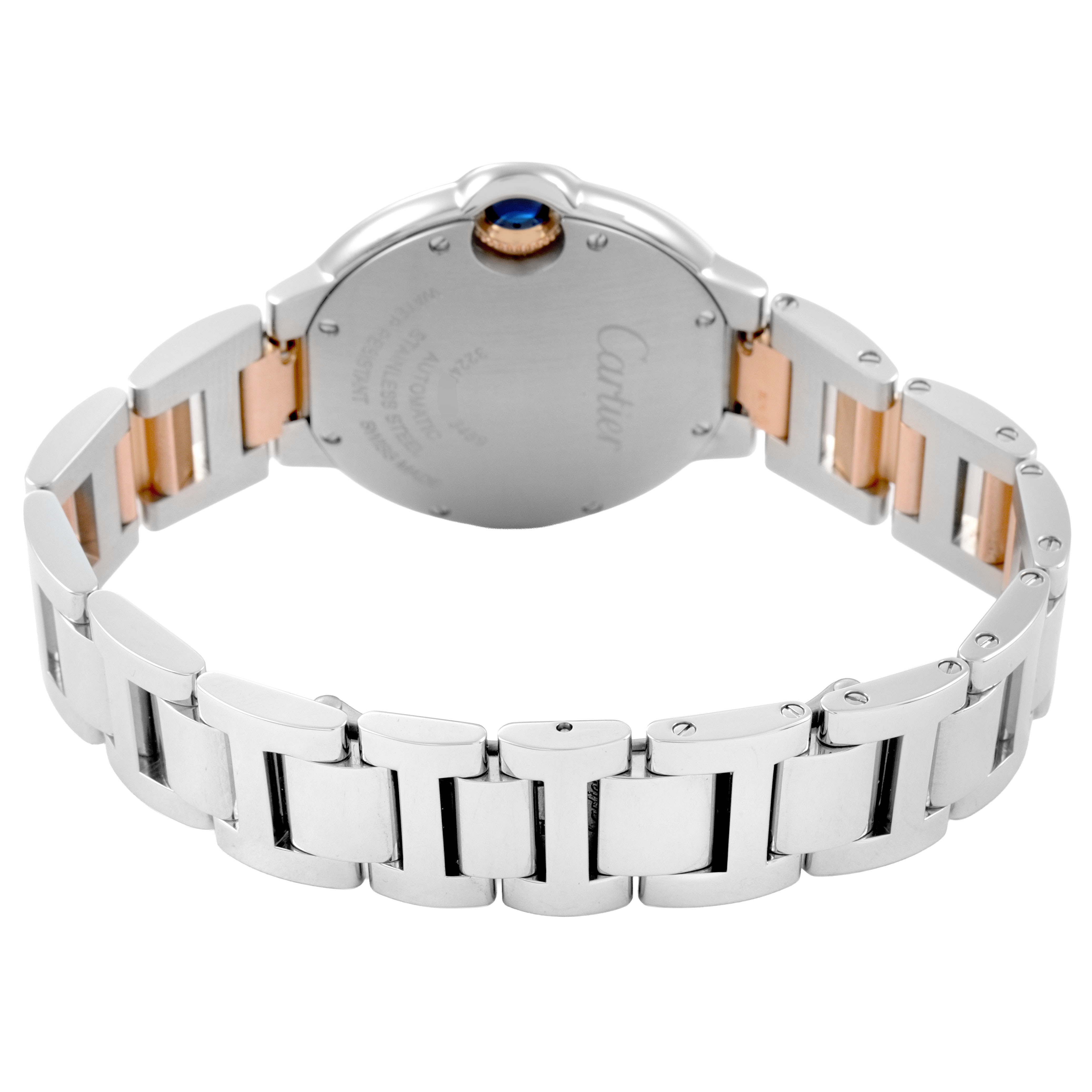 The image shows the back view of a Cartier Ballon Bleu WE902044 Women's Steel and Gold (two tone) Silver Dial watch, highlighting the bracelet and the back of the case.