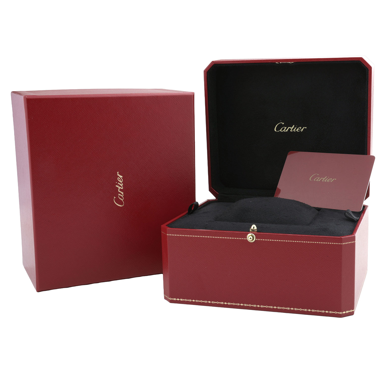 The image shows the red packaging for a Cartier Ballon Bleu WE902044 Women's Steel and Gold (two tone) Silver Dial, including an open box and cover, with the Cartier logo visible.