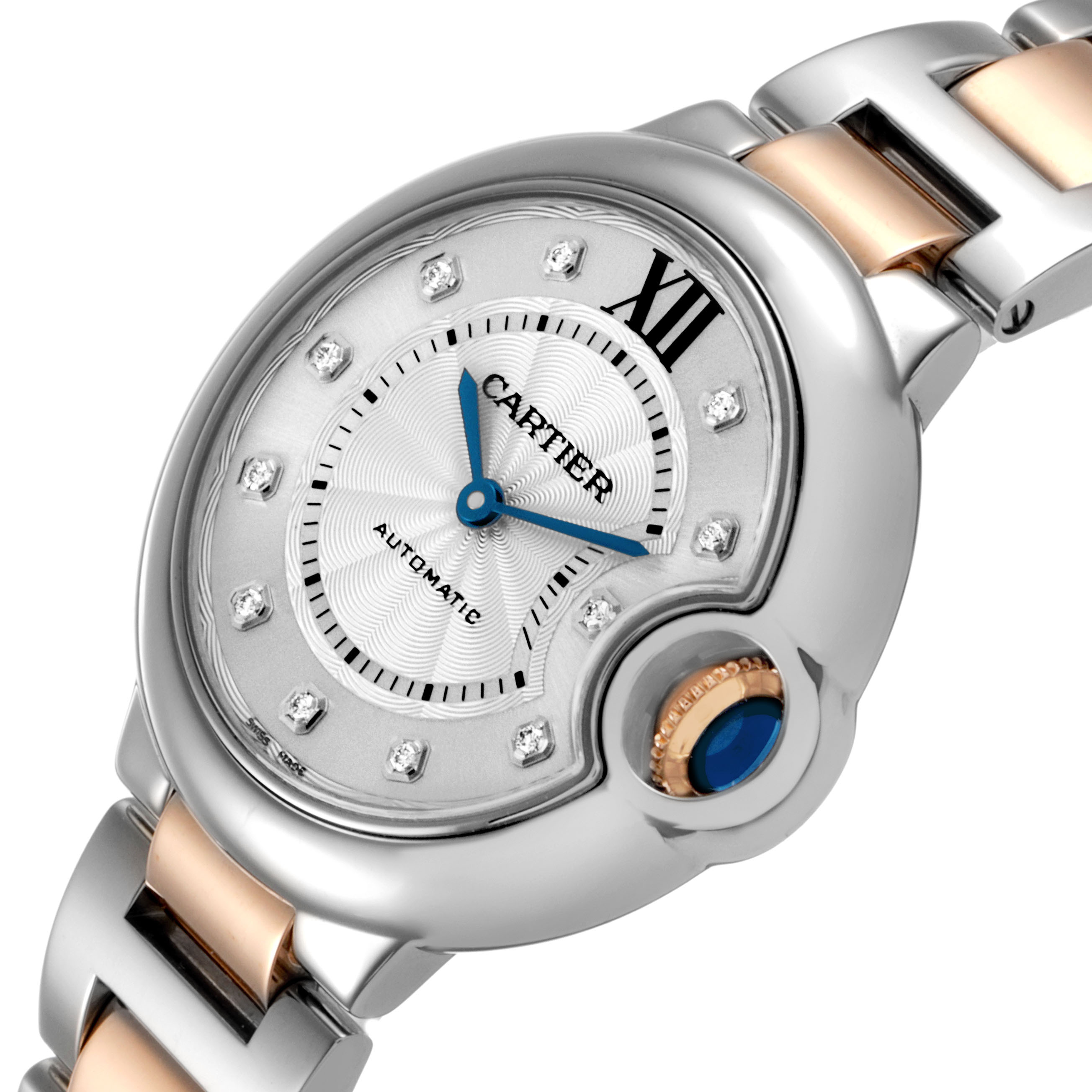 The Cartier Ballon Bleu WE902044 Women's Steel and Gold (two tone) Silver Dial watch is shown at an angled view, highlighting the case, dial, blue hands, and crown with a blue cabochon.
